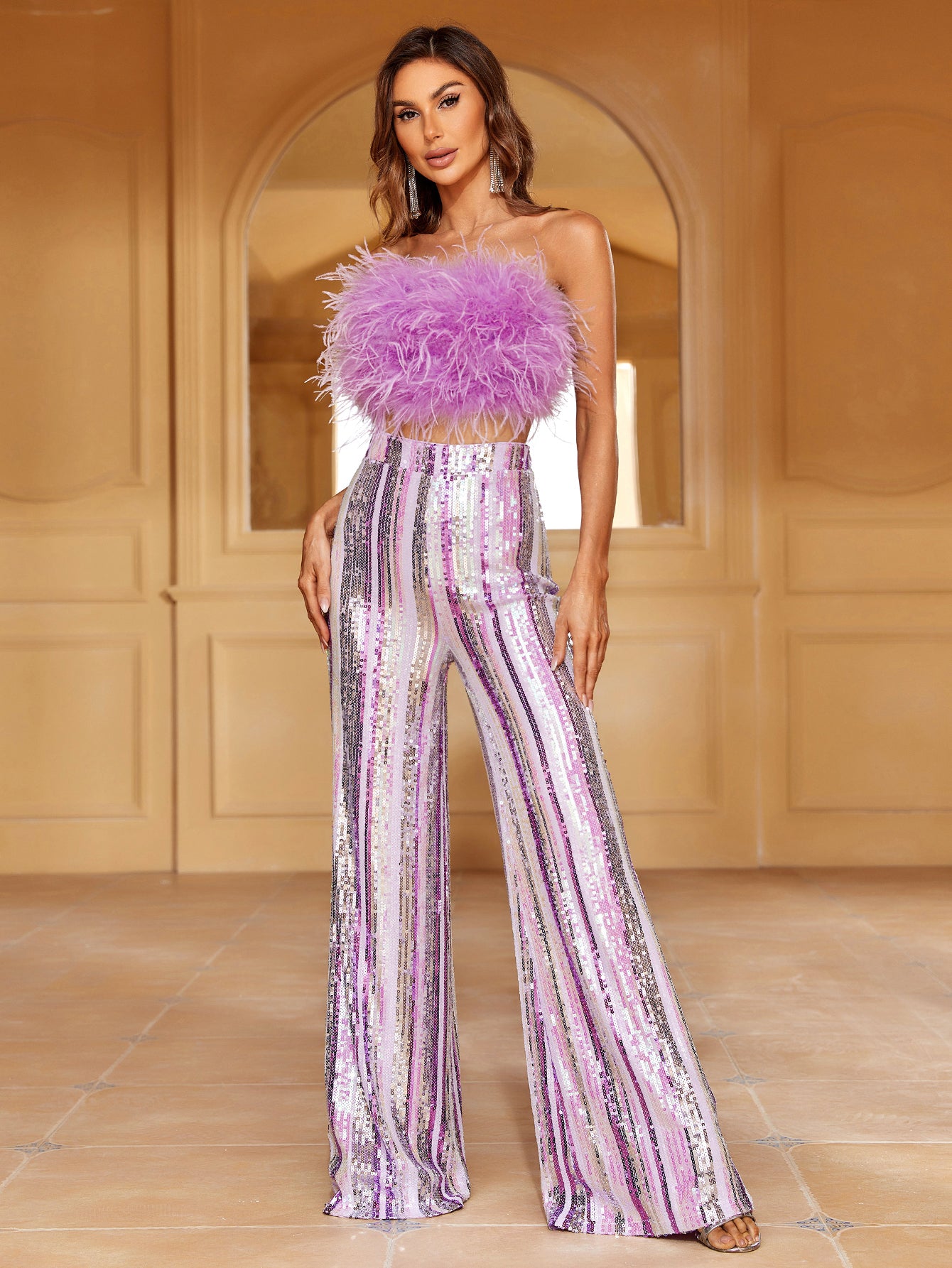 Feather Tube Top & Sequin Wide Leg Pants