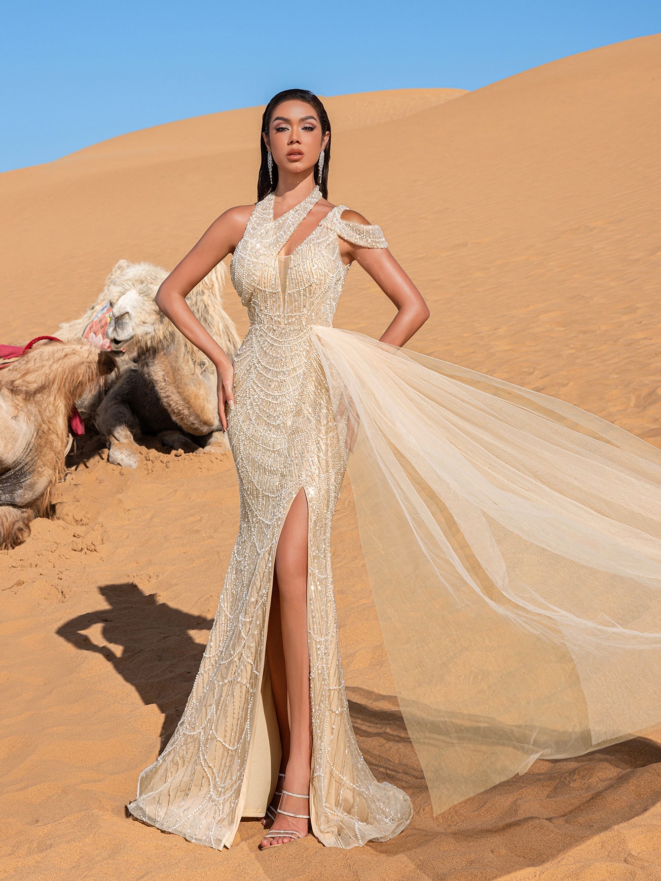 Gorgeous Asymmetrical Neck Draped Side Split Mermaid Hem Beaded Forma Faeriesty Gorgeous Asymmetrical Neck Draped Side Split Mermaid Hem Beaded Forma Faeriesty