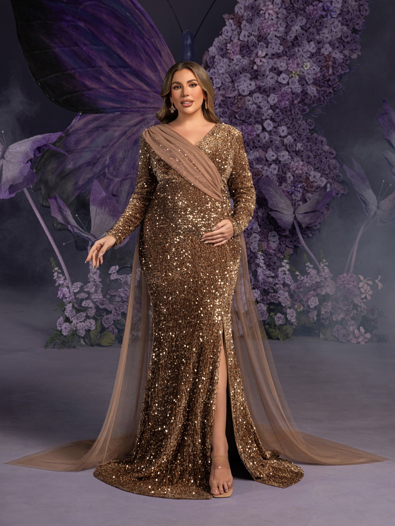 Plus Maternity  Surplice Neck Long Sleeves Mermaid Hem Sequin Evening Dress