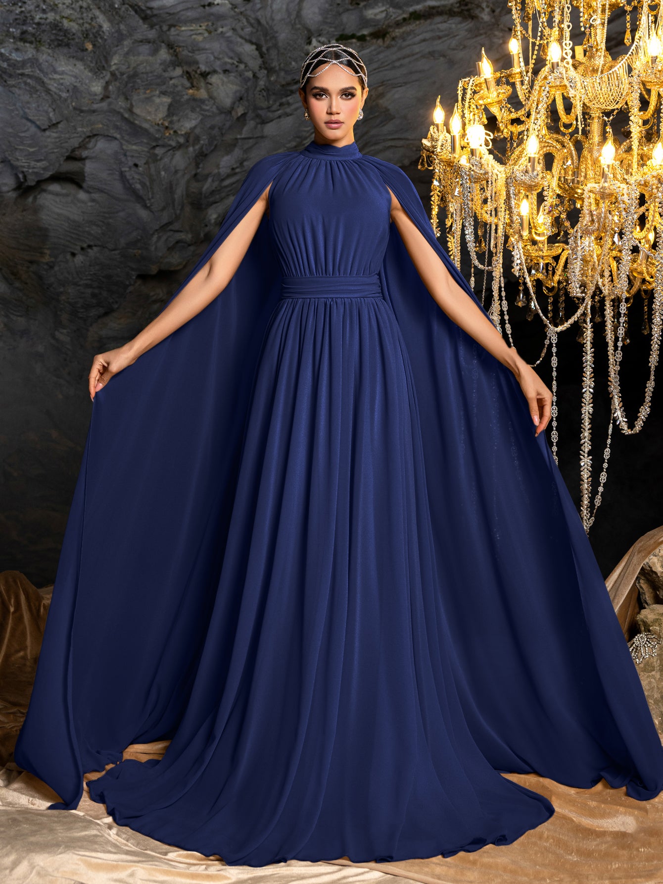 Elegant Mock Neck Cloak Sleeve Chiffon Formal Dress