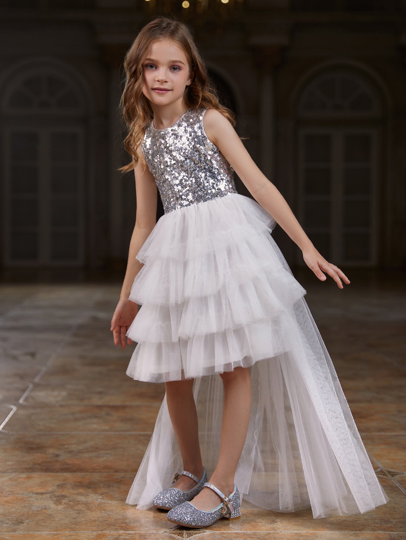 Tween Girls' Mesh Layered Hem Sequin Party Dress Silver / 8Y Tween Girls' Mesh Layered Hem Sequin Party Dress Silver / 8Y