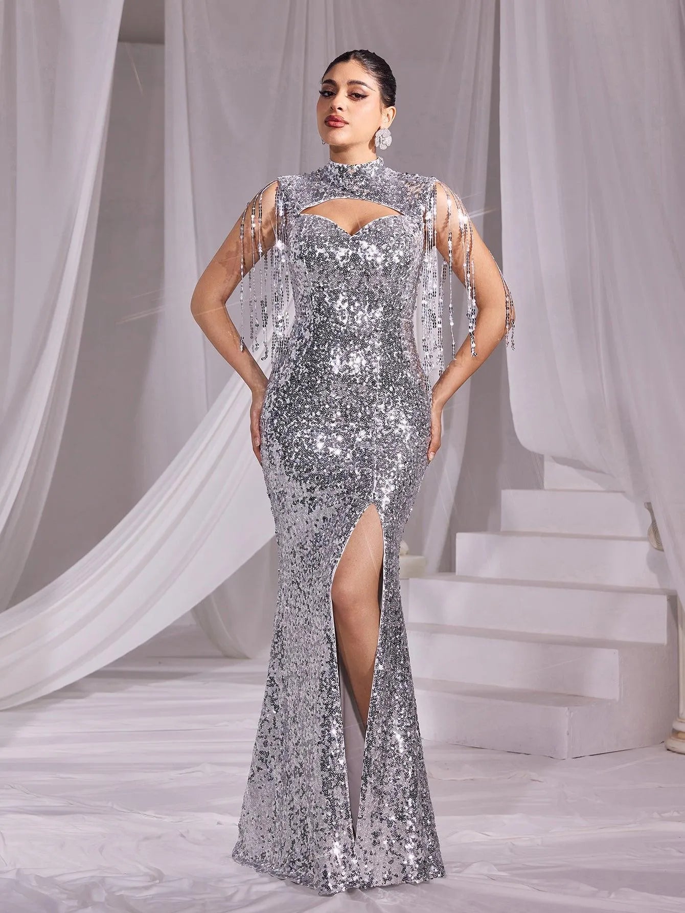 Sequin Mock Neck Mermaid Hem Evening Dress Silver / S