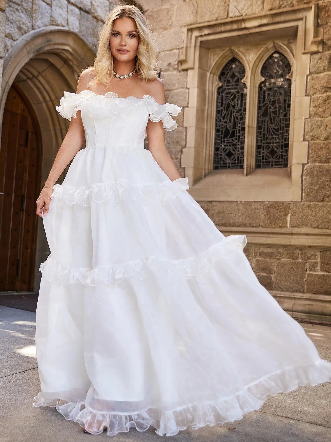 Off Shoulder Ruffle Trim Layered Hem Wedding Dress White / M Off Shoulder Ruffle Trim Layered Hem Wedding Dress White / M
