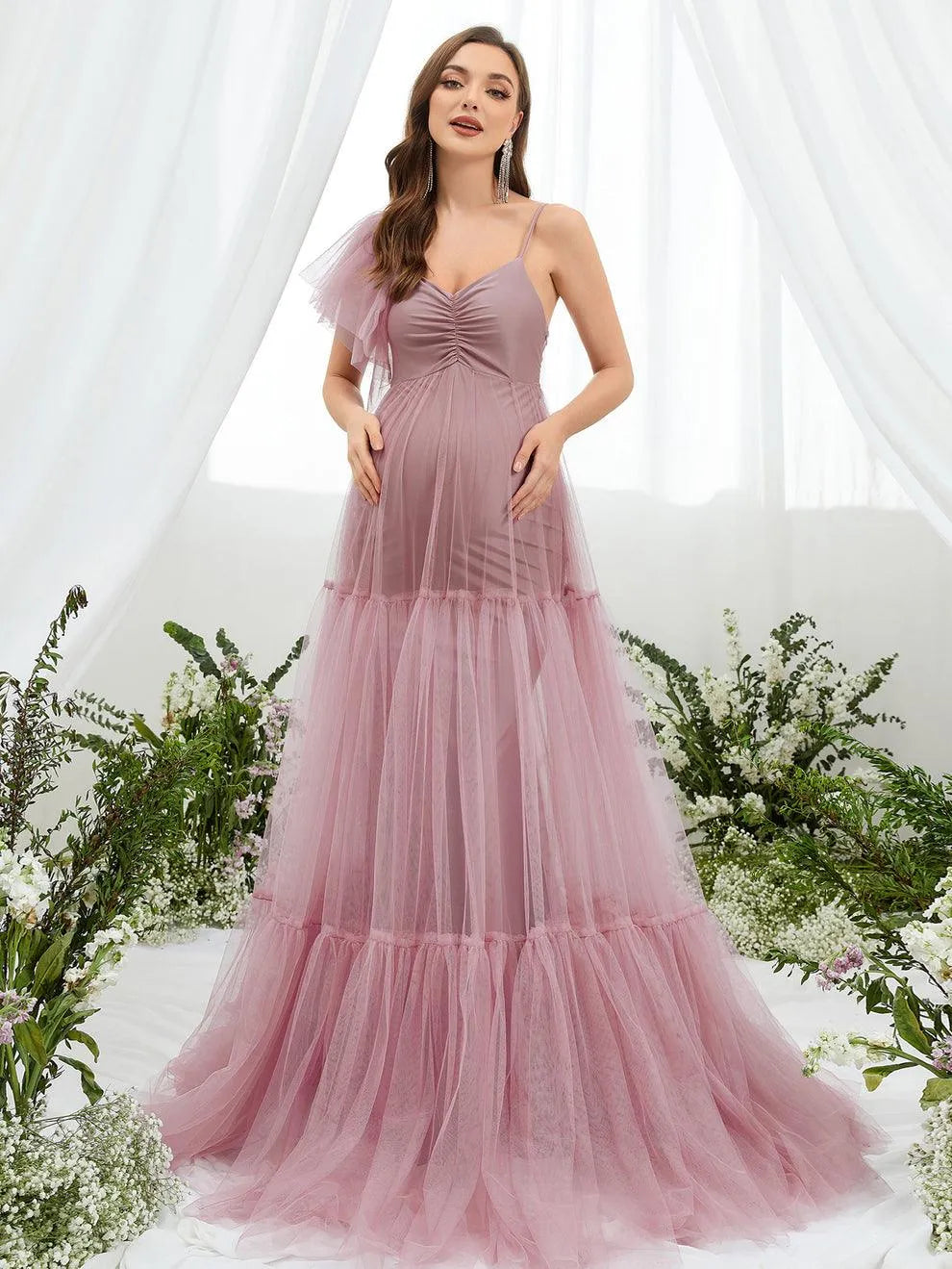 Maternity Ruched Bust Layered Hem Mesh Ruffle Cami Dress Mauve / L Maternity Ruched Bust Layered Hem Mesh Ruffle Cami Dress Mauve / L