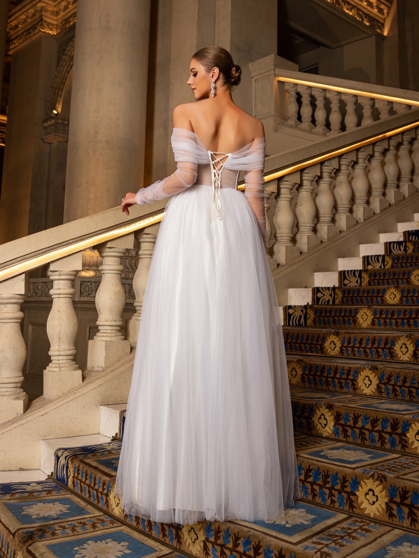 Elegant Off Shoulder Sheer Sleeves Tulle Evening Gown Wedding Dress