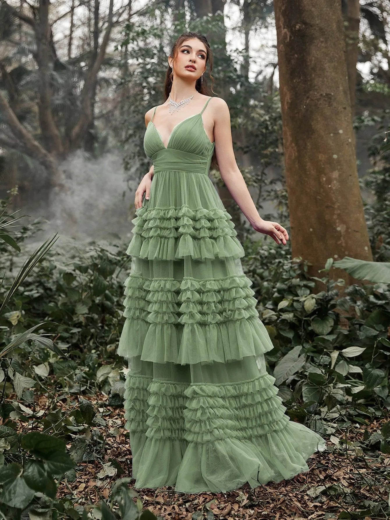 Gorgeous Plunging Neck Tiered Tulle Slip Prom Dress Dark Green / XL Gorgeous Plunging Neck Tiered Tulle Slip Prom Dress Dark Green / XL