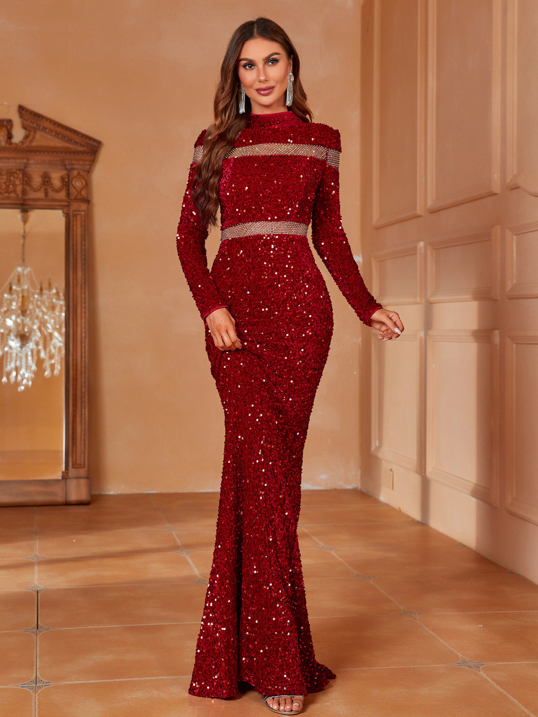 Cut Out Front  Stand Neck Long Sleeve Sequin Mermaid Dress