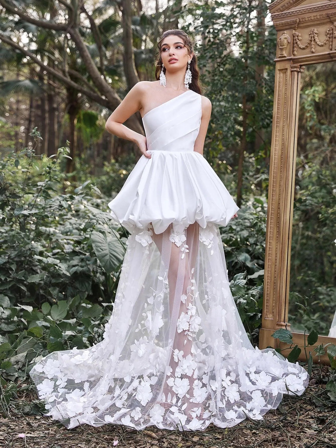 Gorgeous One Shoulder Satin Bodice Contrast Applique Tulle Overlay We, White / XS