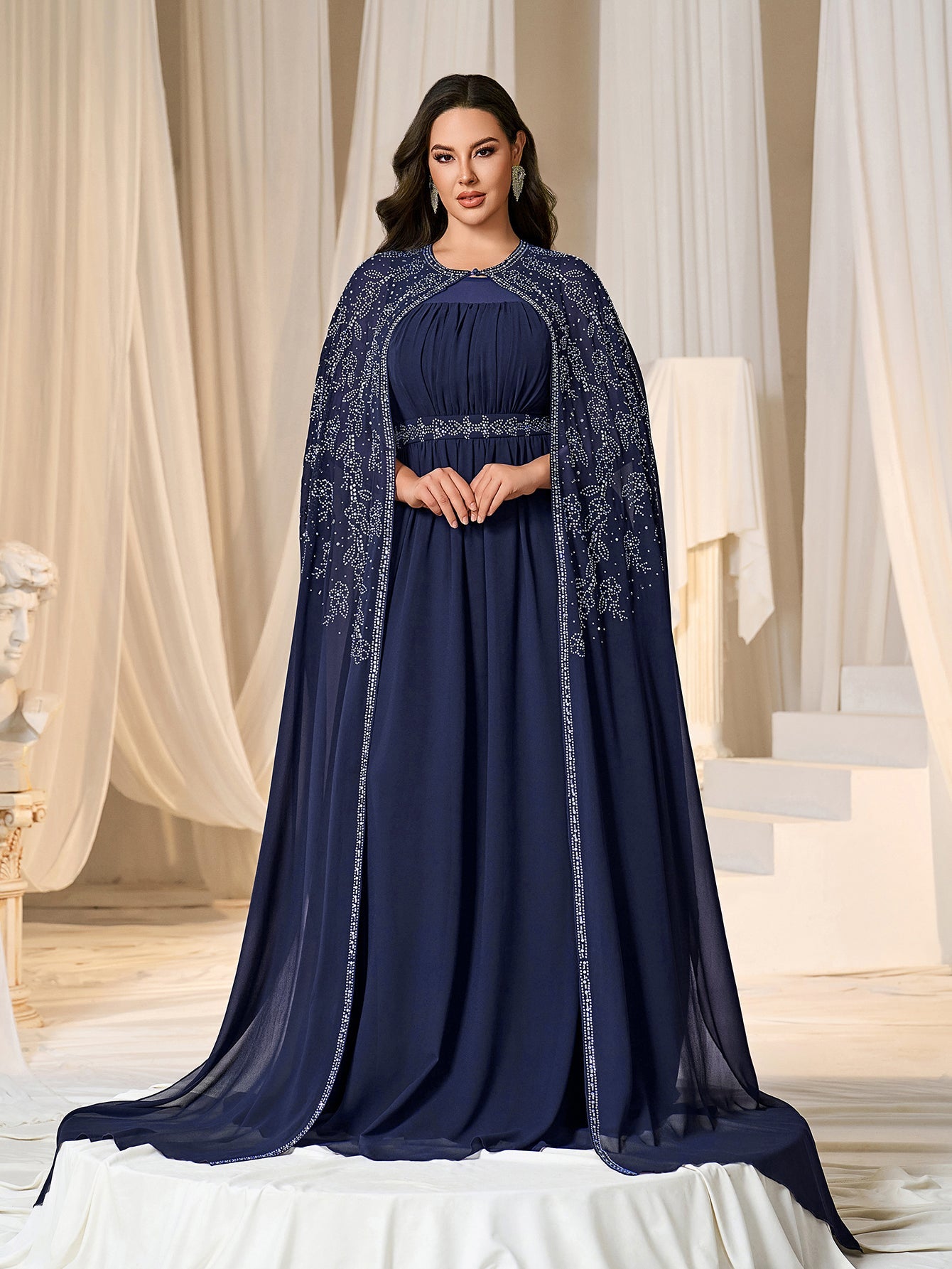 Rhinestone Cape Sleeves & A-Line Skirt with Cathedral Train