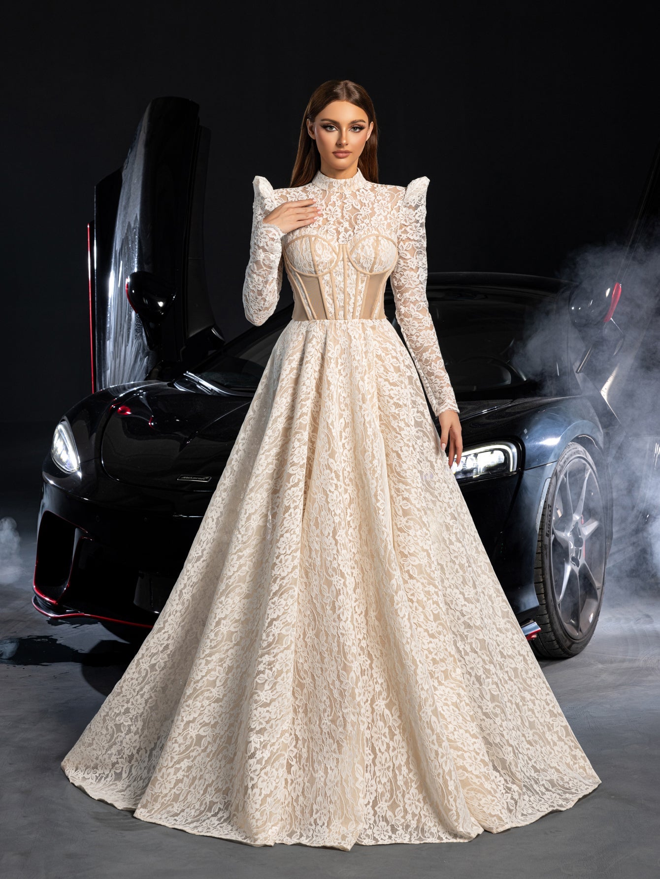Gorgeous Mock Neck Long Sleeves Ball Hem Lace Wedding Dress White / S Gorgeous Mock Neck Long Sleeves Ball Hem Lace Wedding Dress White / S