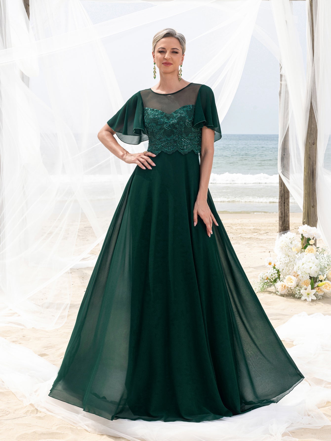 Womens' Elegant Lace Floor-Length Evening Gown for Mother of the Bride – Flared Short Sleeves, Chest-to-Waist Lace Motifs, Voluminous Flowing Skirt for Beach Coastal Weddings & Family Gatherings