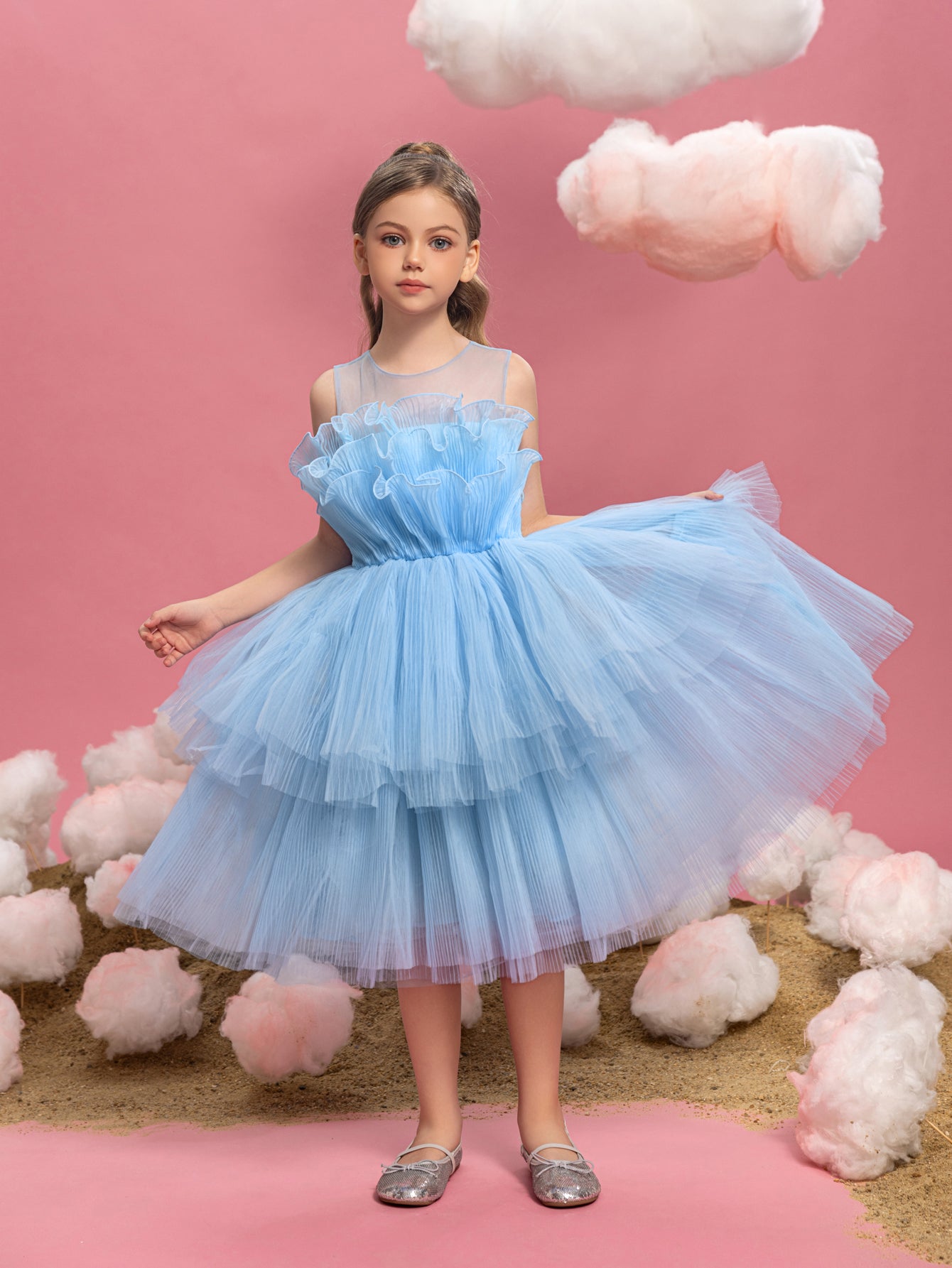 Girls' Ruffle Trim Tiered Hem Cake Dress Blue / 11Y Girls' Ruffle Trim Tiered Hem Cake Dress Blue / 11Y