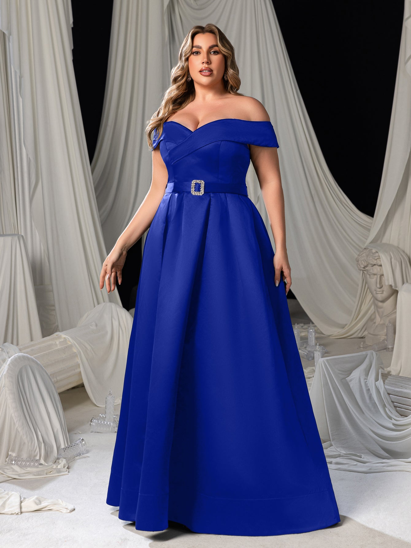 Plus Off Shoulder Buckle Belted Satin Ball Gown