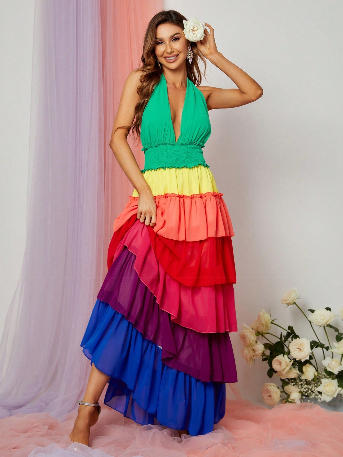 Halter Neck Backless Multicolor Chiffon Dress Multi / S