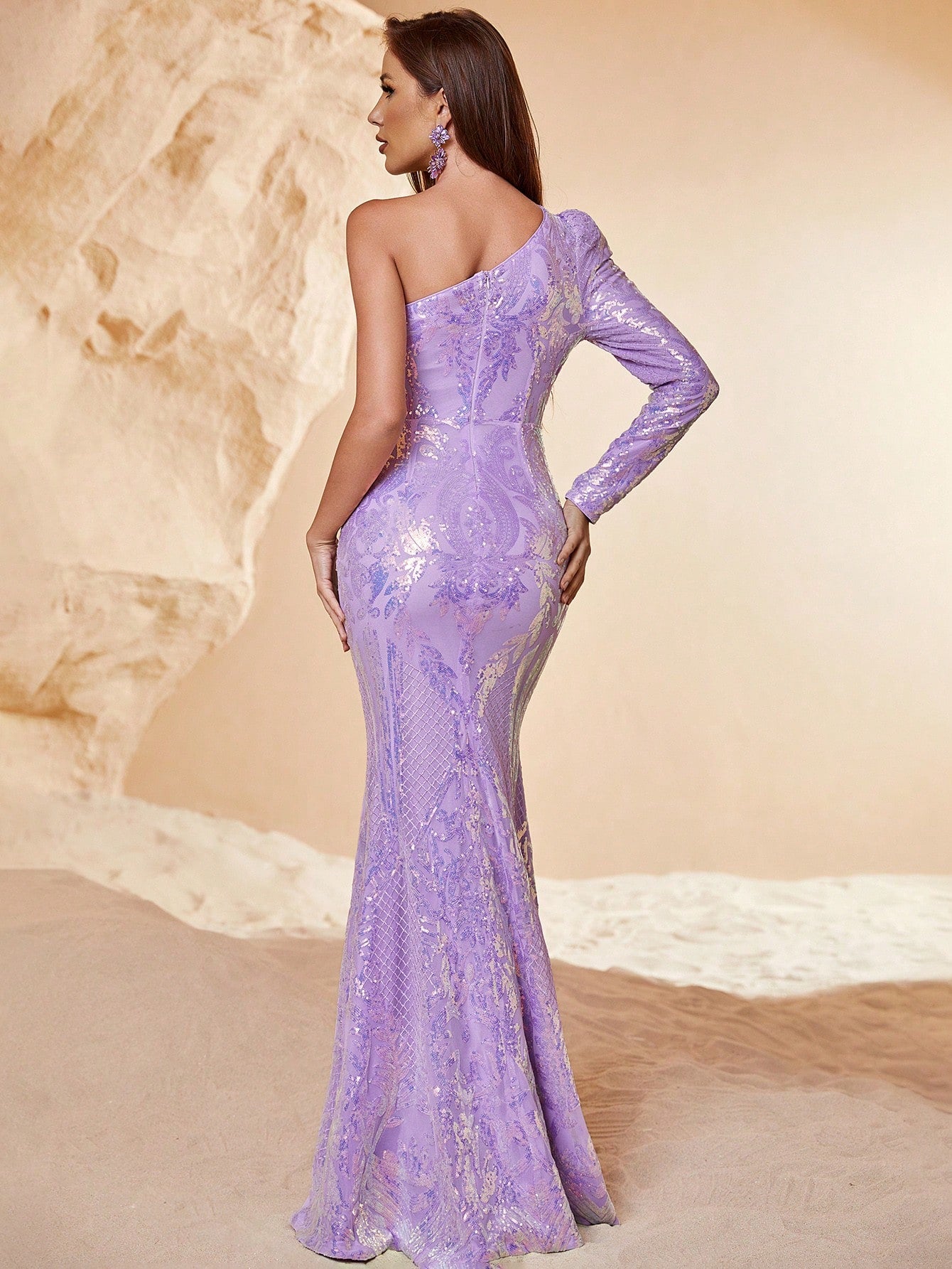 Elegant One Shoulder Long Sleeve Sequin Mermaid Dress