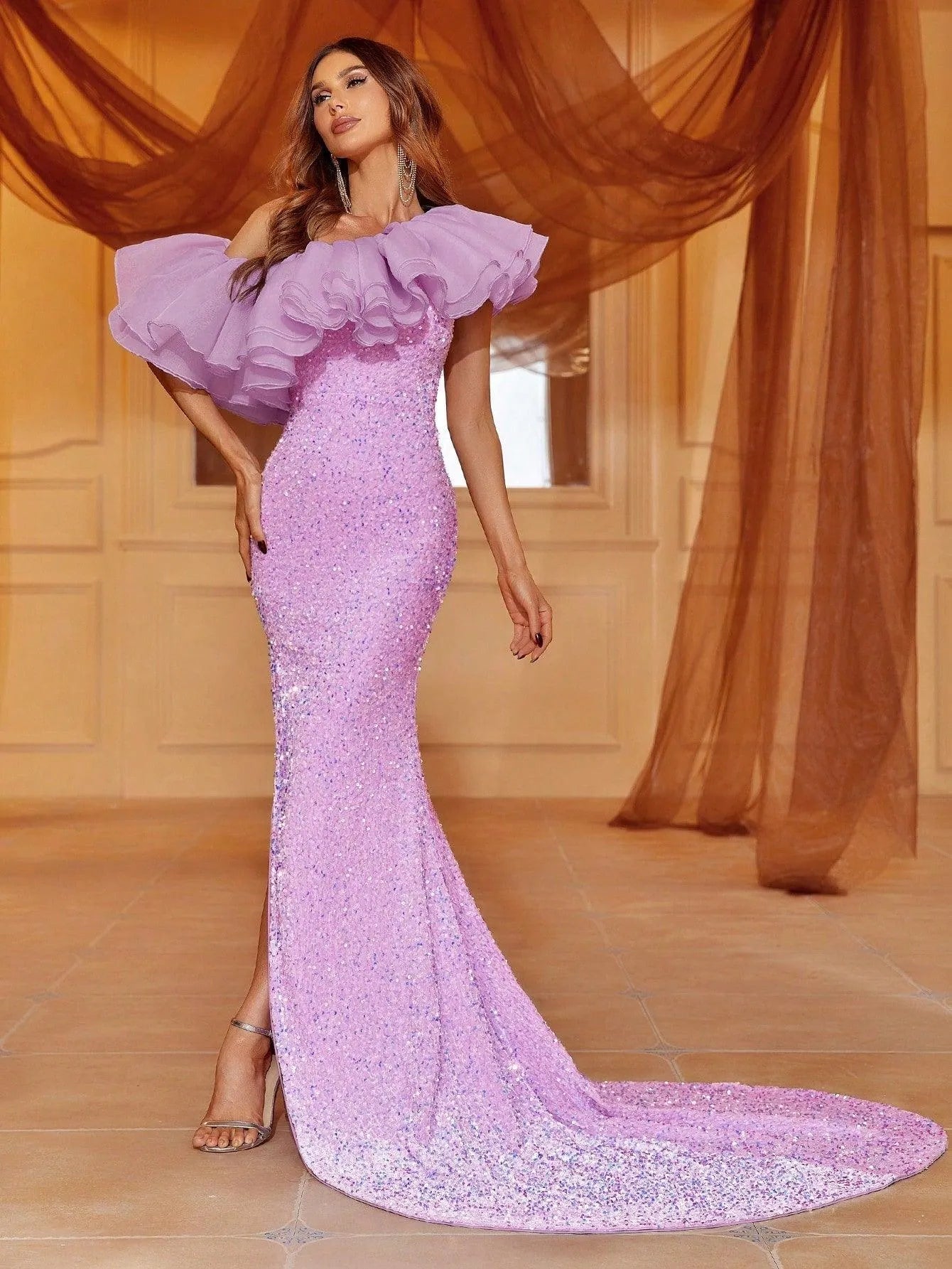 Exaggerated Ruffle Trim Asymmetrical Hem Sequin Dress Exaggerated Ruffle Trim Asymmetrical Hem Sequin Dress