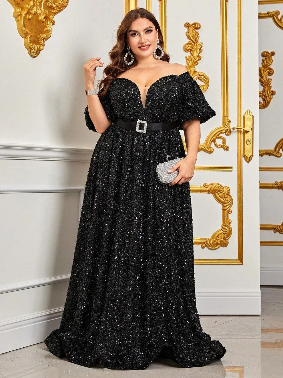Plus Off Shoulder Puff Sleeves Sequin Formal Dress Black / 3XL Plus Off Shoulder Puff Sleeves Sequin Formal Dress Black / 3XL