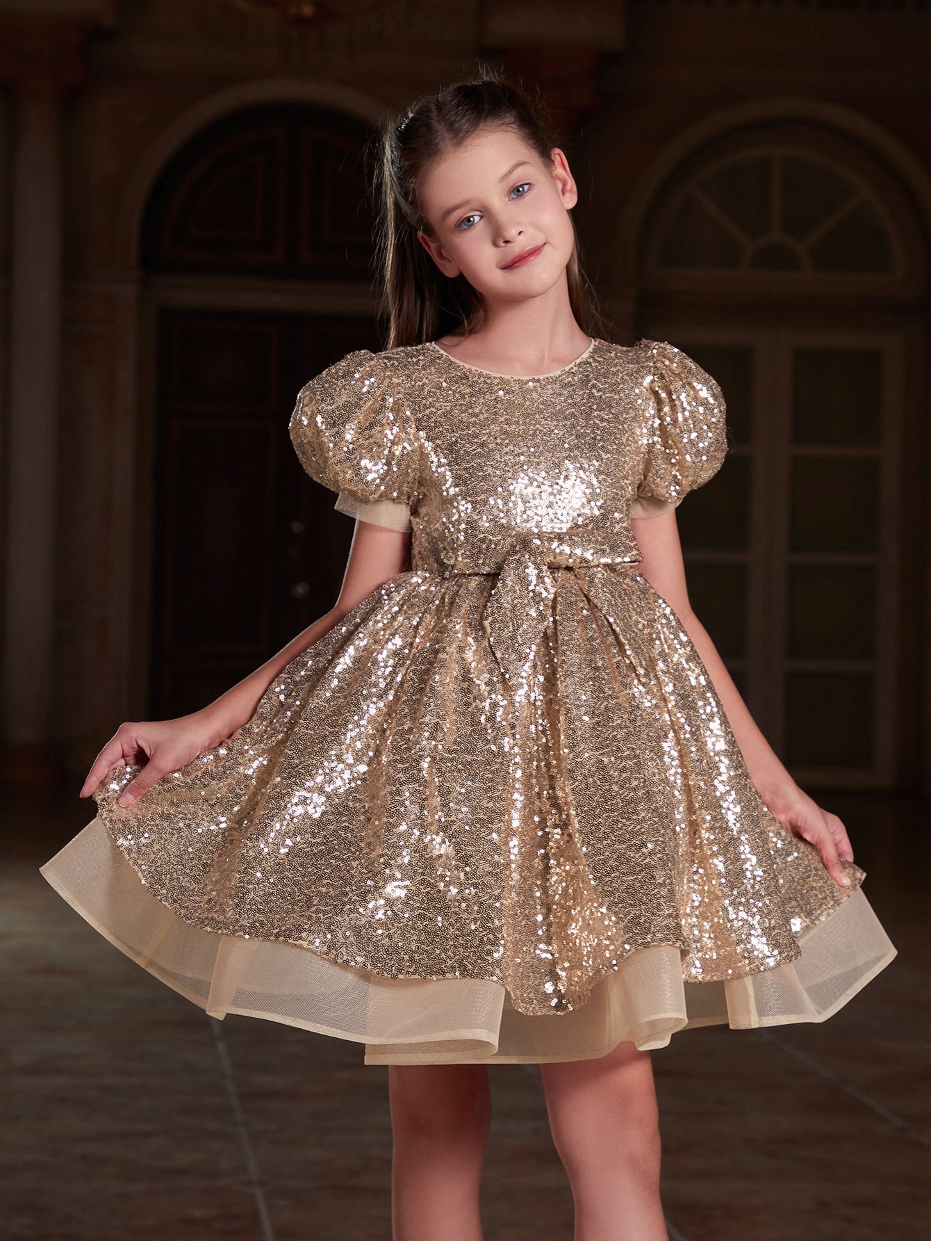 Girl's Cute Bow Front Puff Sleeve Sequin Party Dress