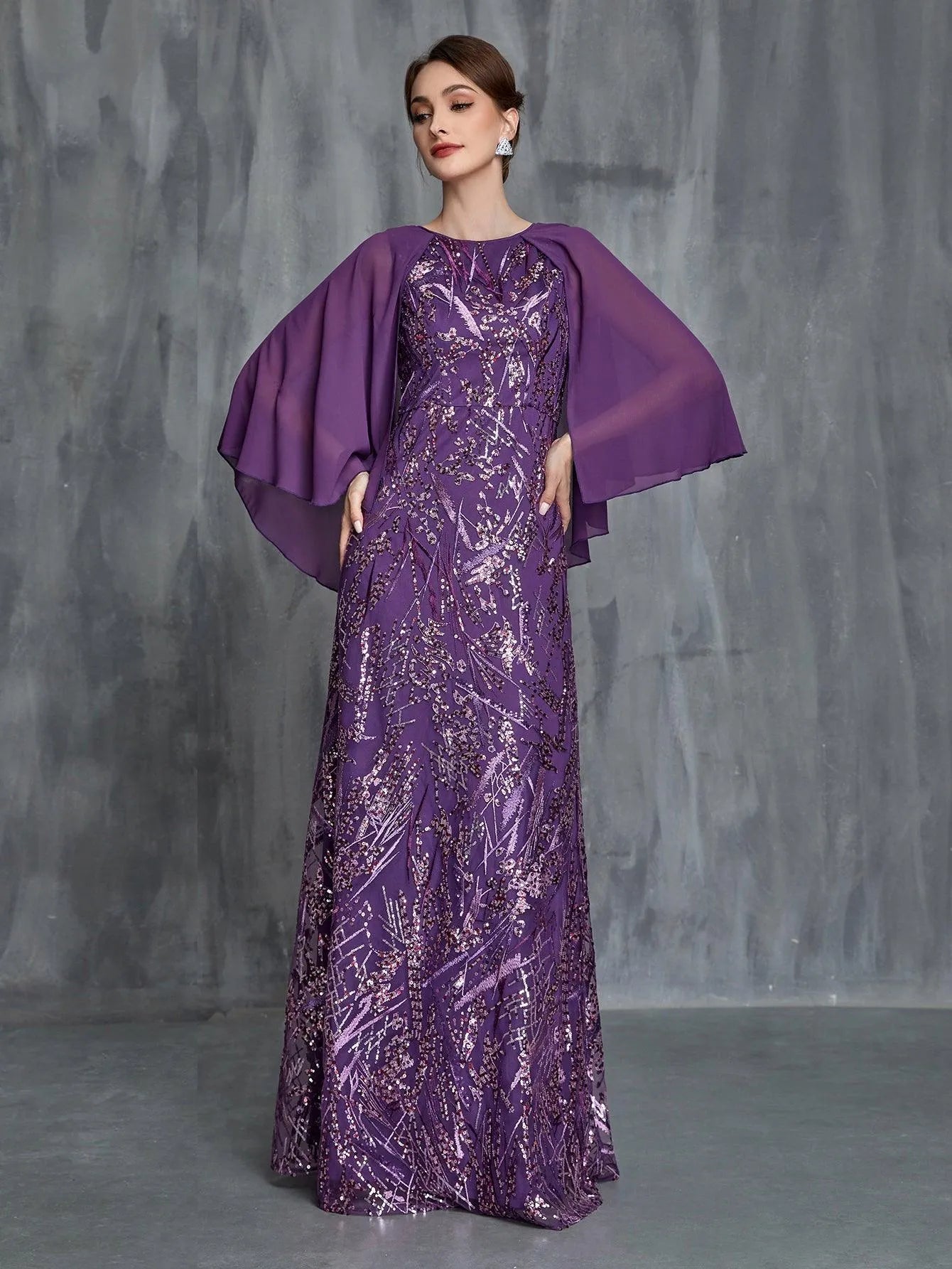 Womens' Contrast Cape Sleeves Sequin Formal Dress Purple / M Womens' Contrast Cape Sleeves Sequin Formal Dress Purple / M