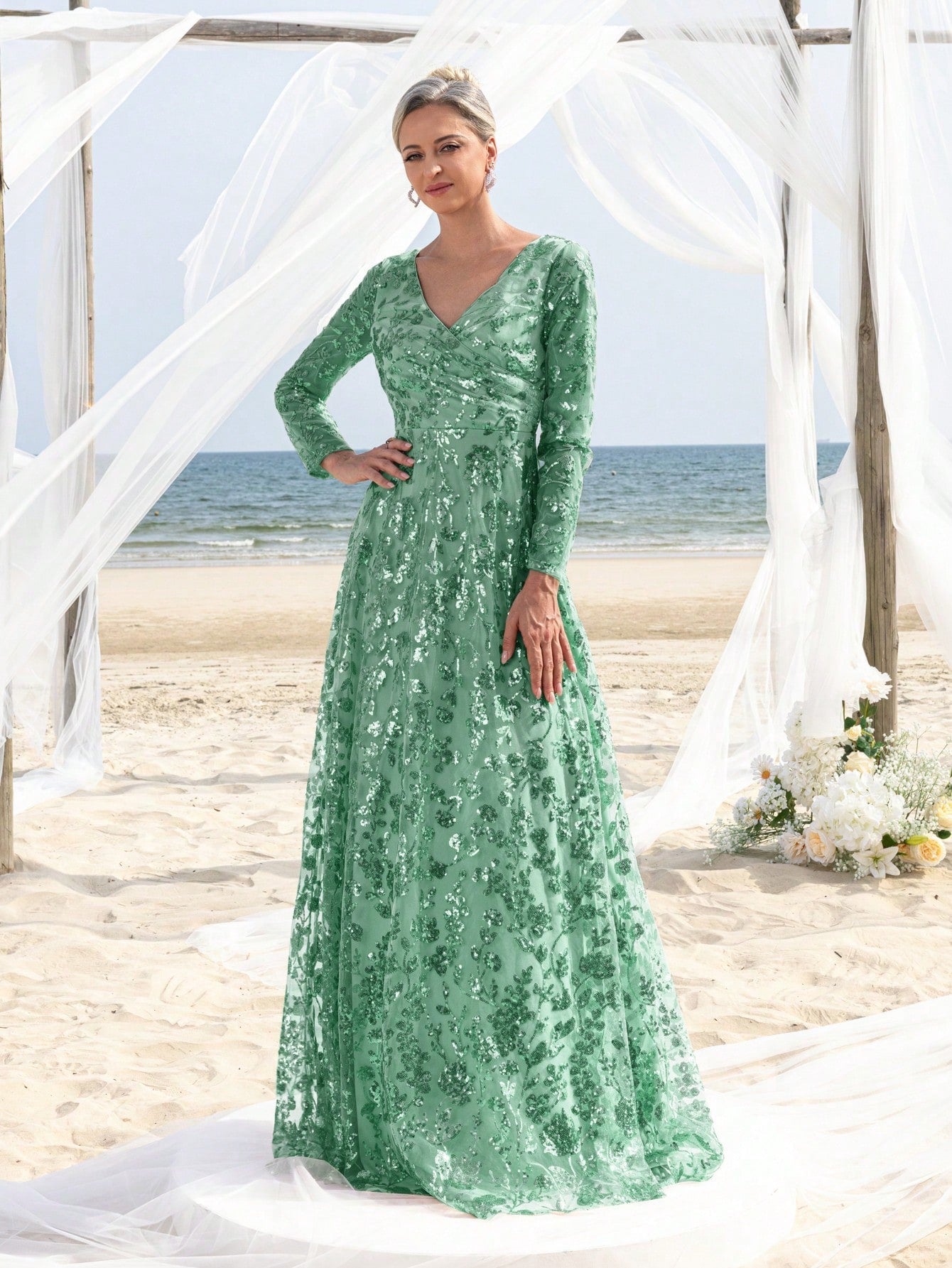 Womens' Elegant V-Neck Evening Gown with Delicate Lace & Silver Embroidery – Long Flowing Skirt for Seaside Weddings & Romantic Beach Events
