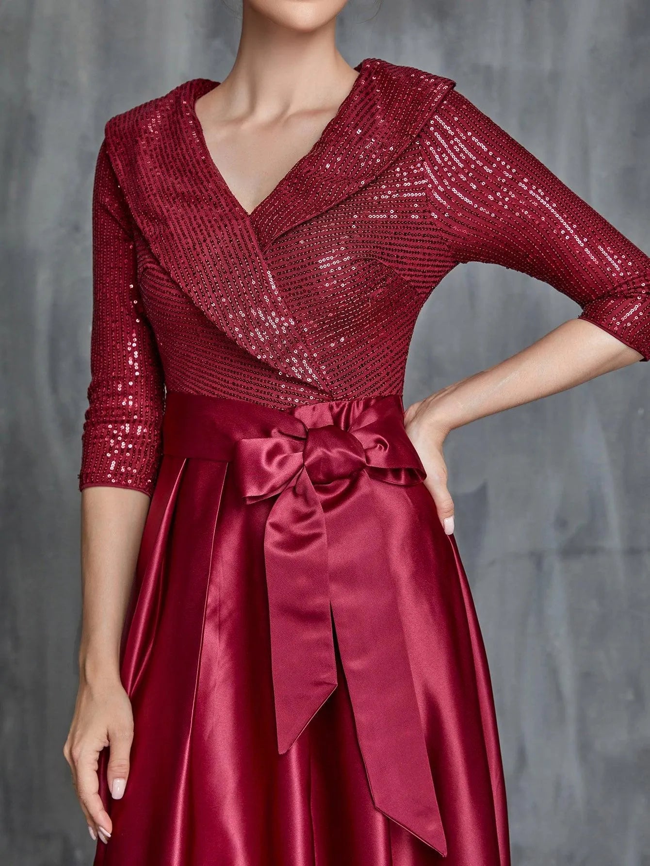 Womens' Shawl Collar Sequin Contrast Satin Formal Dress Burgundy / L Womens' Shawl Collar Sequin Contrast Satin Formal Dress Burgundy / L