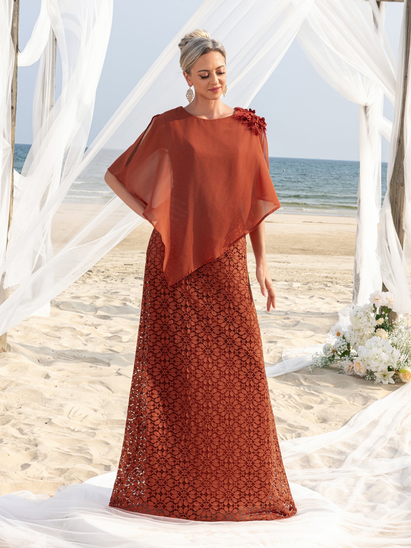 Womens' Elegant Cape-Style Evening Gown with 3D Floral Appliqués on One Shoulder, Intricate Lace Maxi Skirt & Back Zipper Closure for Outdoor Ceremonies, Formal Garden Parties & Upscale Evening Events