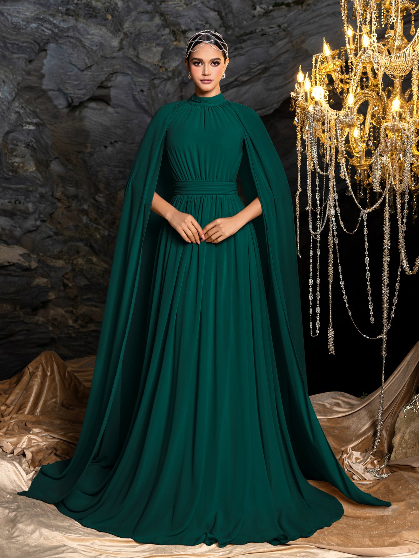Elegant Mock Neck Cloak Sleeve Chiffon Formal Dress