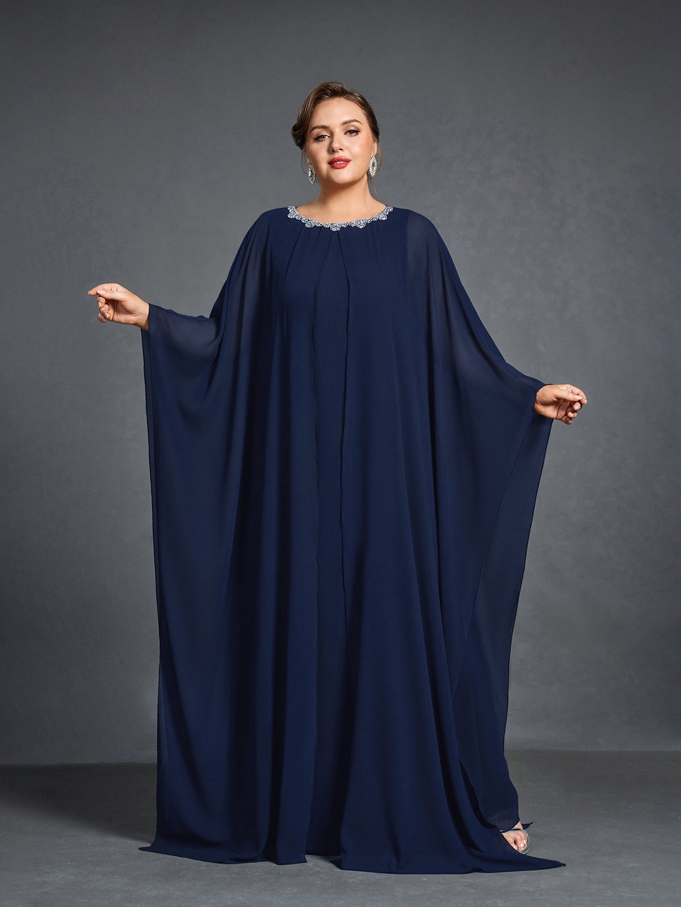 Plus Womens' Embellished Round -Neck Formal Dress with Sheer Chiffon Cape Sleeves