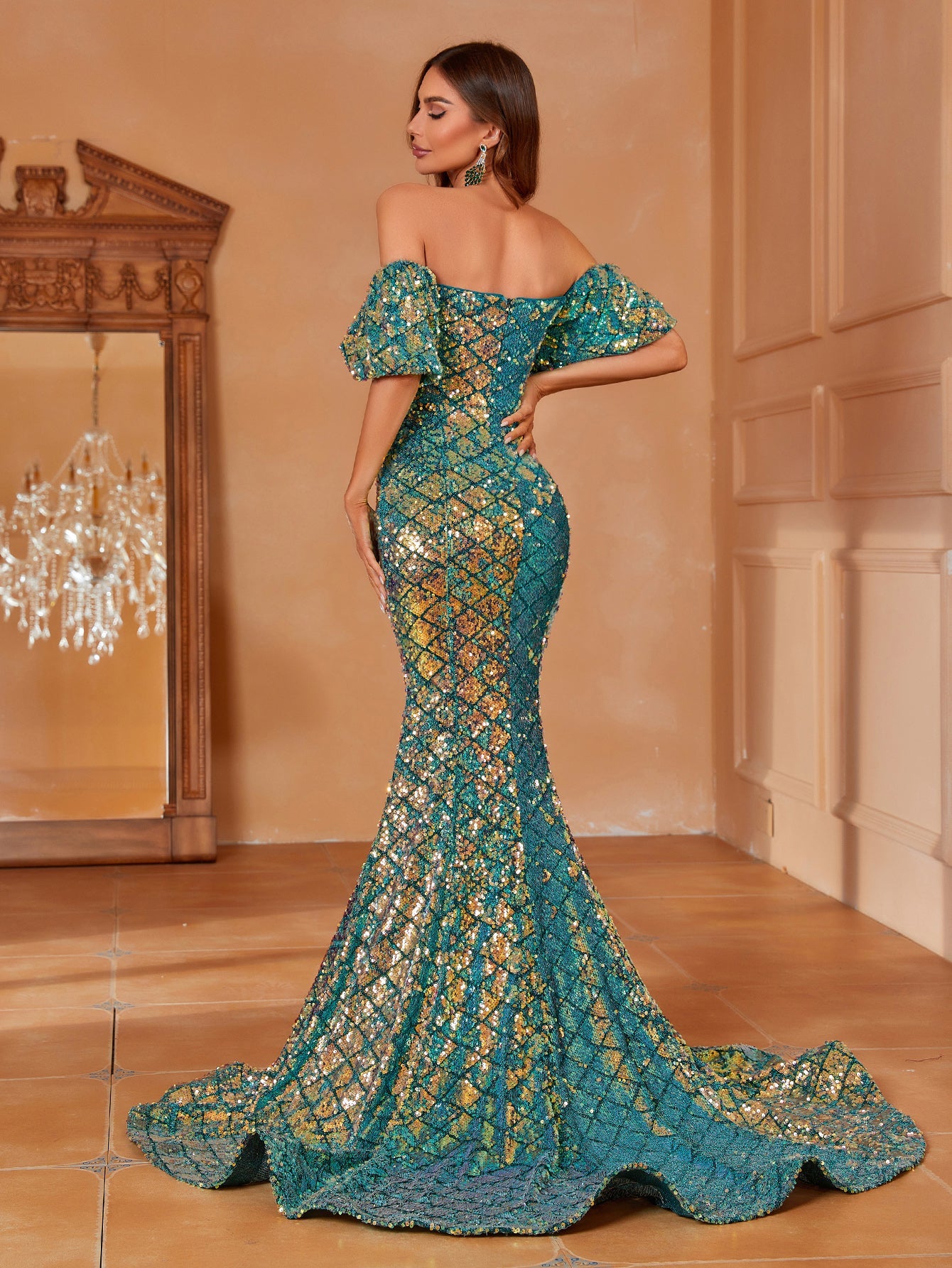 Off Shoulder Puff Sleeve Sequin Mermaid Hem Formal Dresses