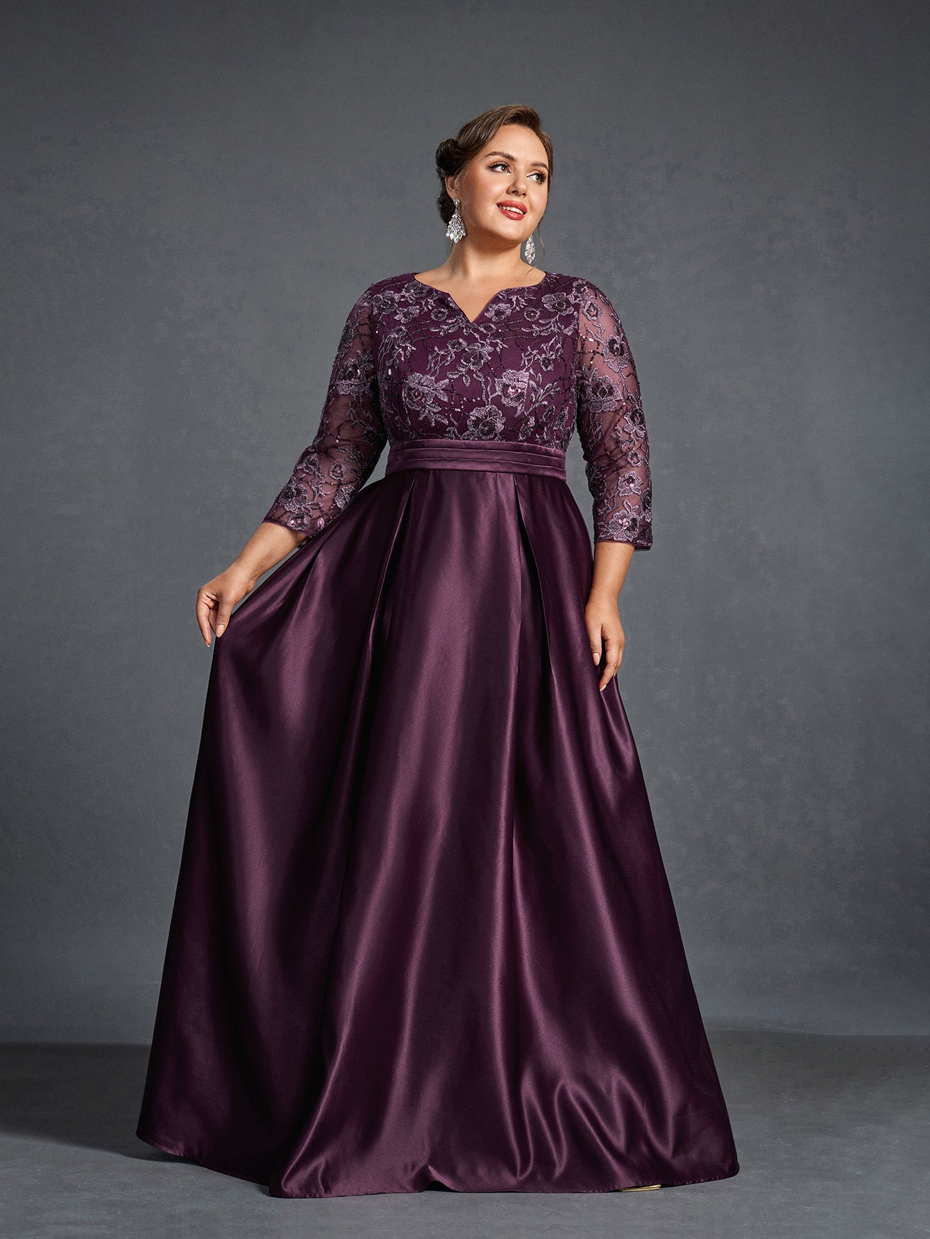 Plus Womens' Evening Gown: Allover Sequin-Embroidered Bodice & Satin A-Line Skirt – Elegant Formal Dress for Black-Tie Events