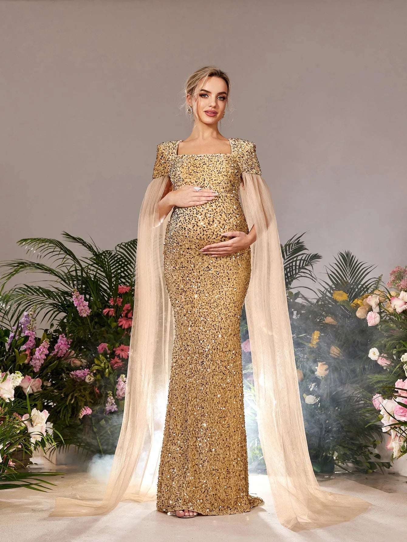 gold maternity dress Square Neck Cape Sleeves Mermaid Hem Sequin Evening Champagne / XXL traditional chinese hanfu Bridesmaid Dresses & Gowns dress length is 58 COLOR:PEACOCK BLUE