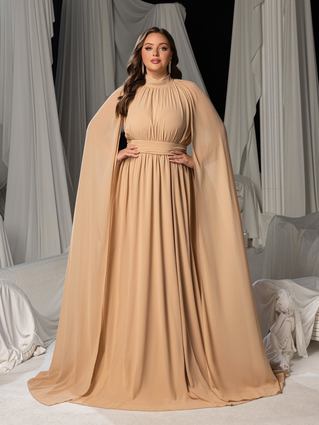 Plus Mock Neck Cloak Sleeves Chiffon Formal Cape Dress Champagne / 5XL Plus Mock Neck Cloak Sleeves Chiffon Formal Cape Dress Champagne / 5XL