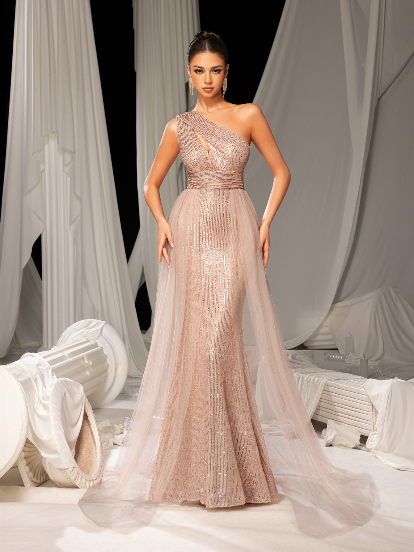 Elegant One Shoulder Sleeveless Mesh Overlay Sequin Formal Prom Dress Champagne / XS Elegant One Shoulder Sleeveless Mesh Overlay Sequin Formal Prom Dress Champagne / XS