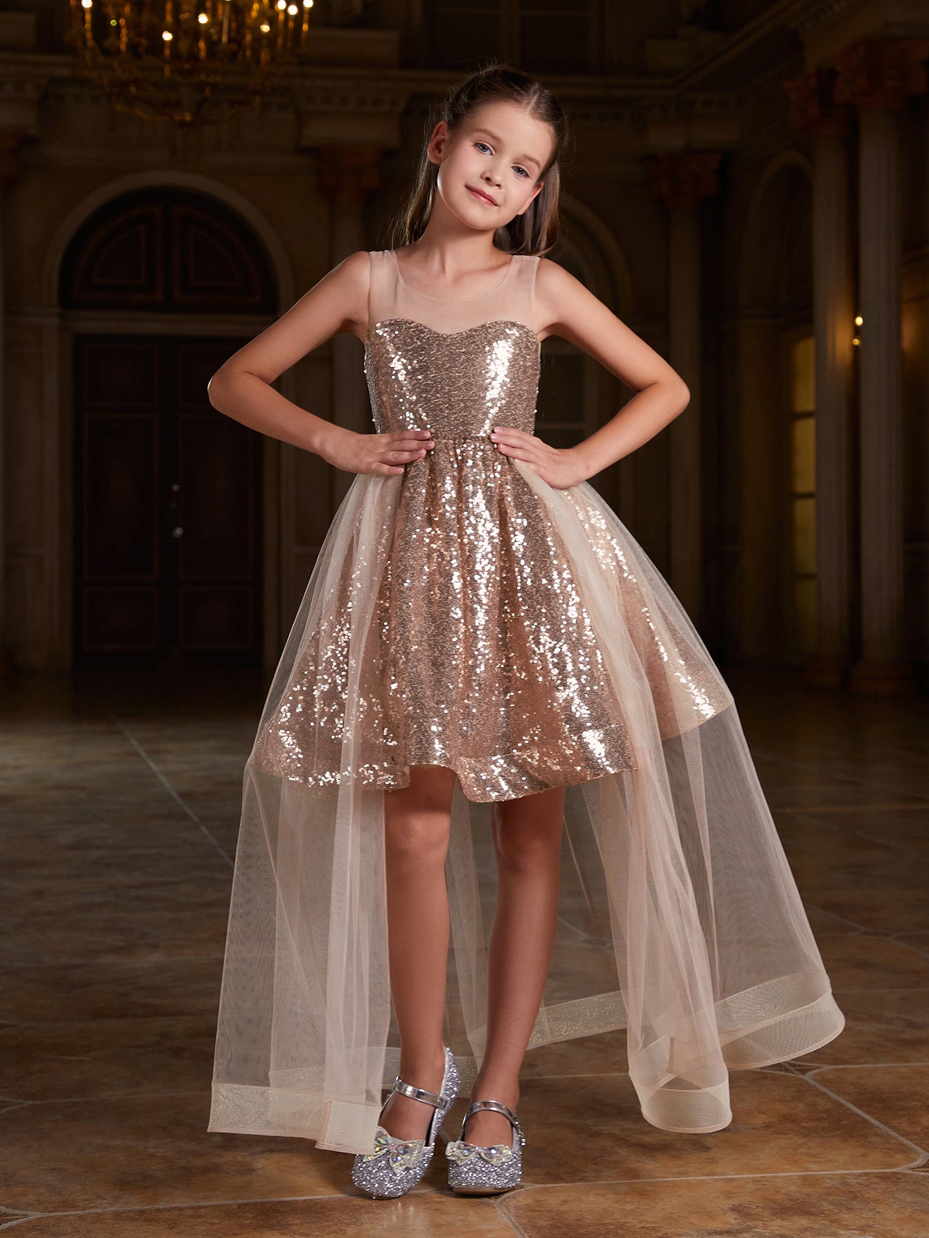 Girl's Elegant Sleeveless Contrast Mesh Sequin Party Dress