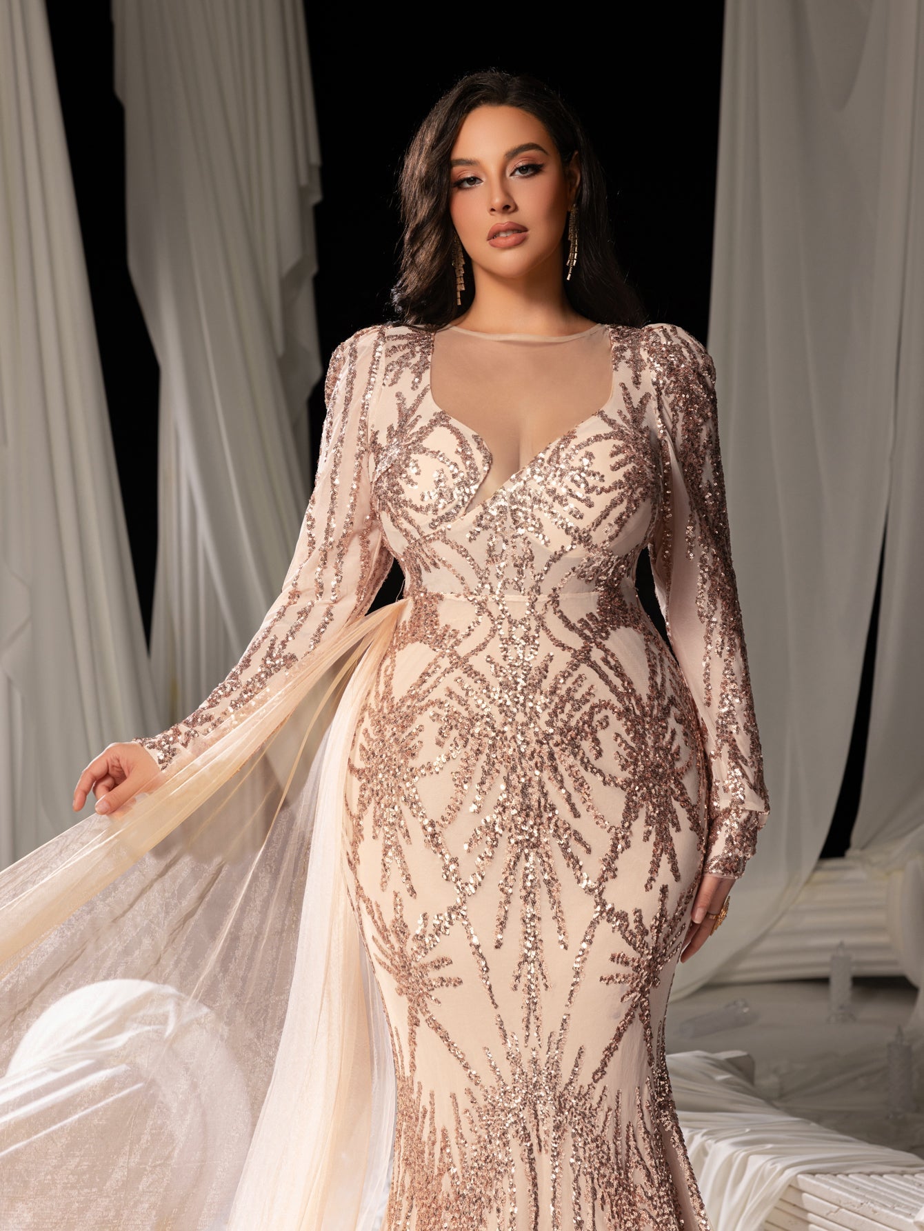 Gorgeous Graphic Sequin Sheer Overlay Mermaid Hem Evening Dress