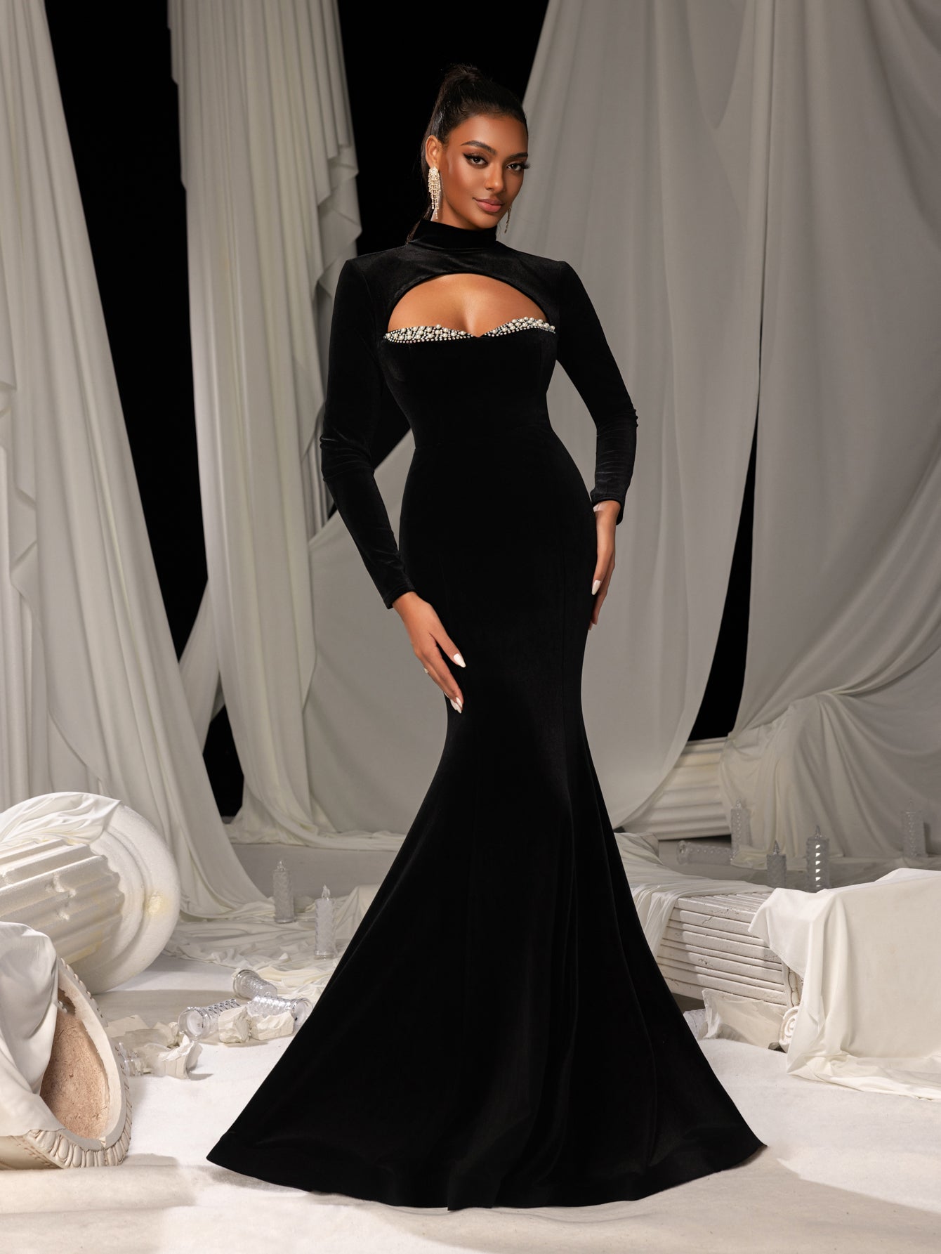 Elegant Velvet High-Neck Mermaid Gown with Chest Cutout, Rhinestone Accents & Floor-Length Train
