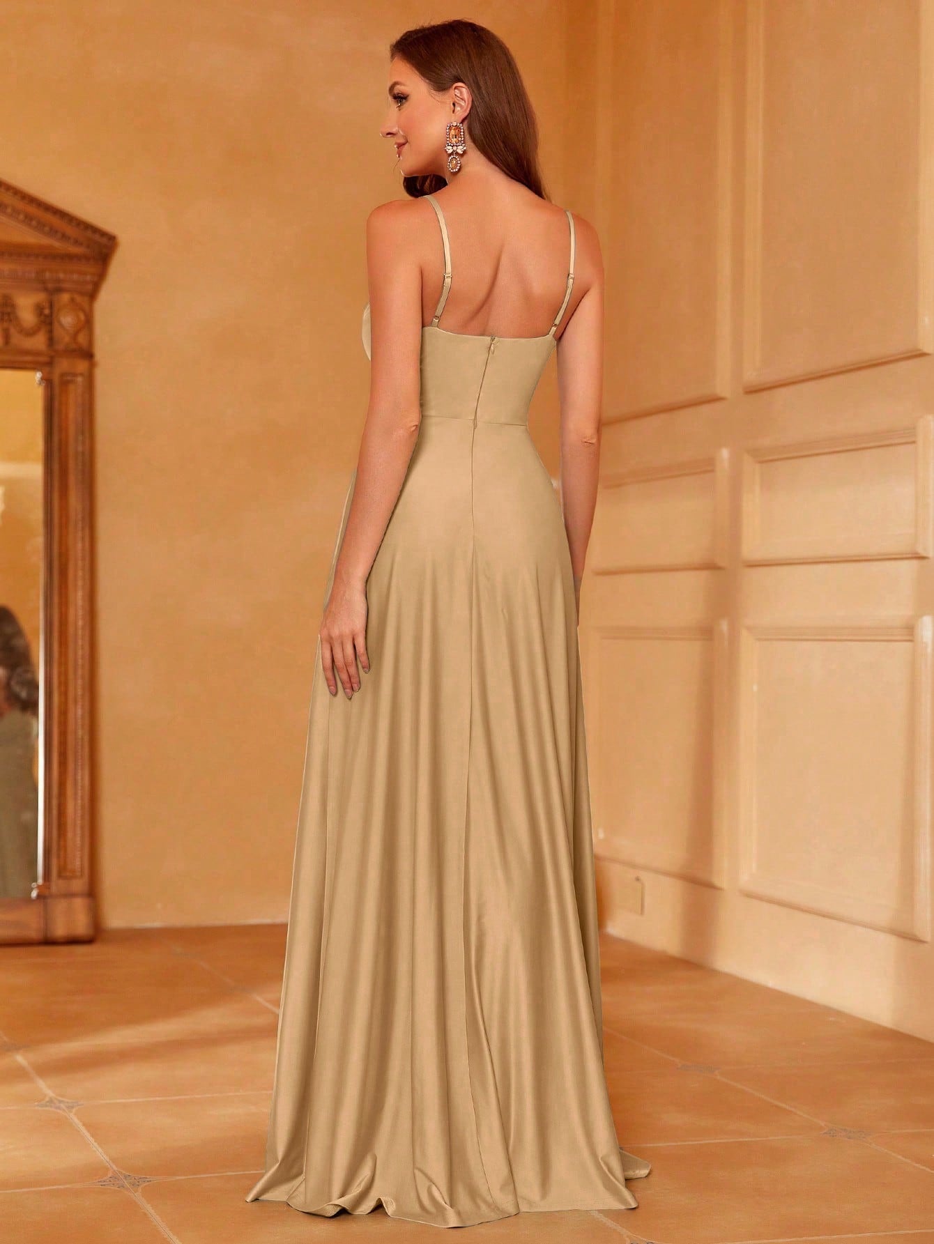 Solid V Neck Split Thigh Cami Bridesmaid Dress