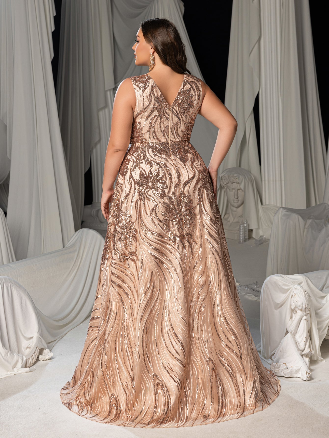 Plus Floral Sequin V Neck Sleeveless A-Line Formal Dress