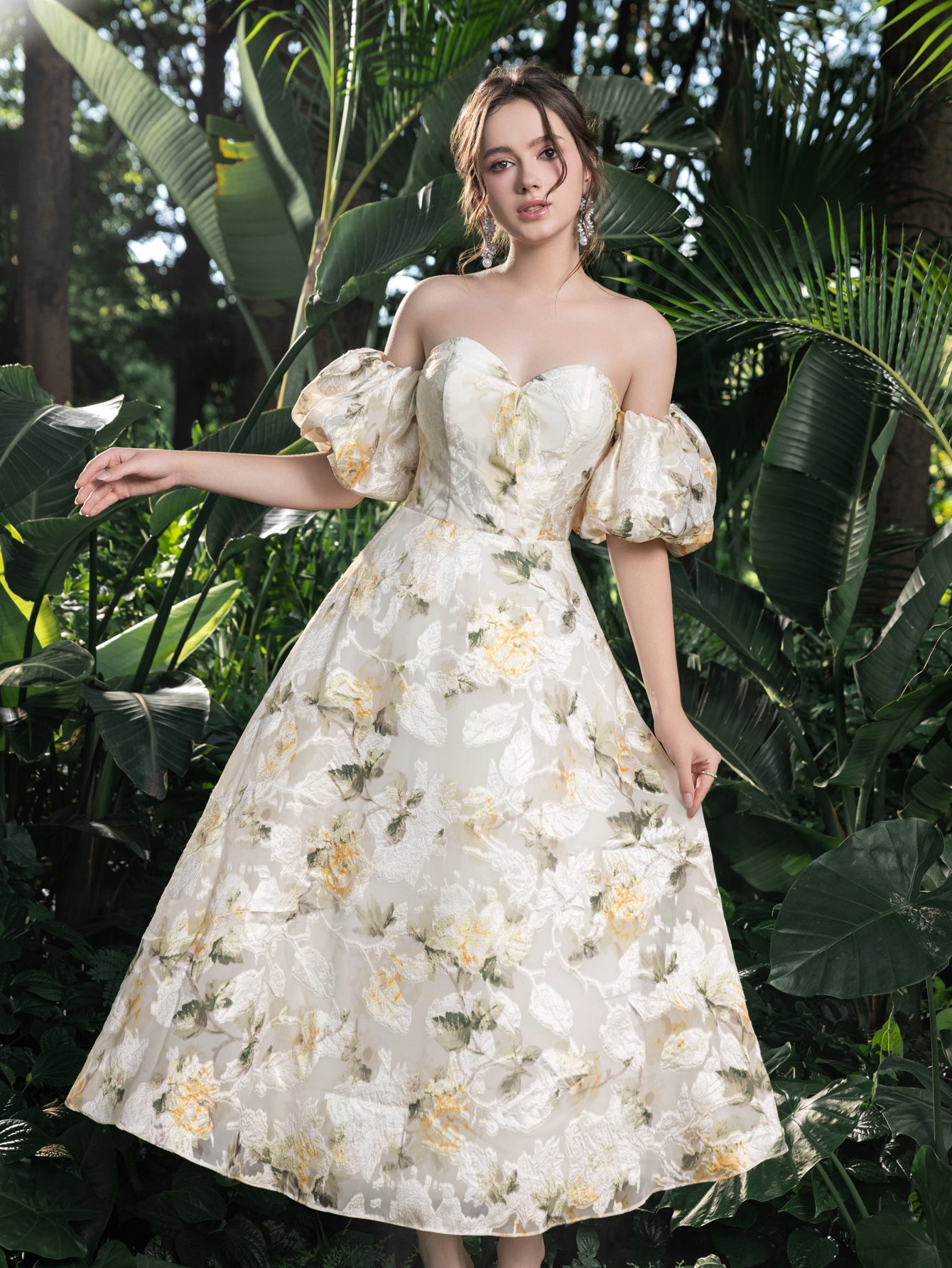 Midi Floral Jacquard Off-Shoulder Gown Elegant Dress for Garden Gal White / XS Midi Floral Jacquard Off-Shoulder Gown Elegant Dress for Garden Gal White / XS