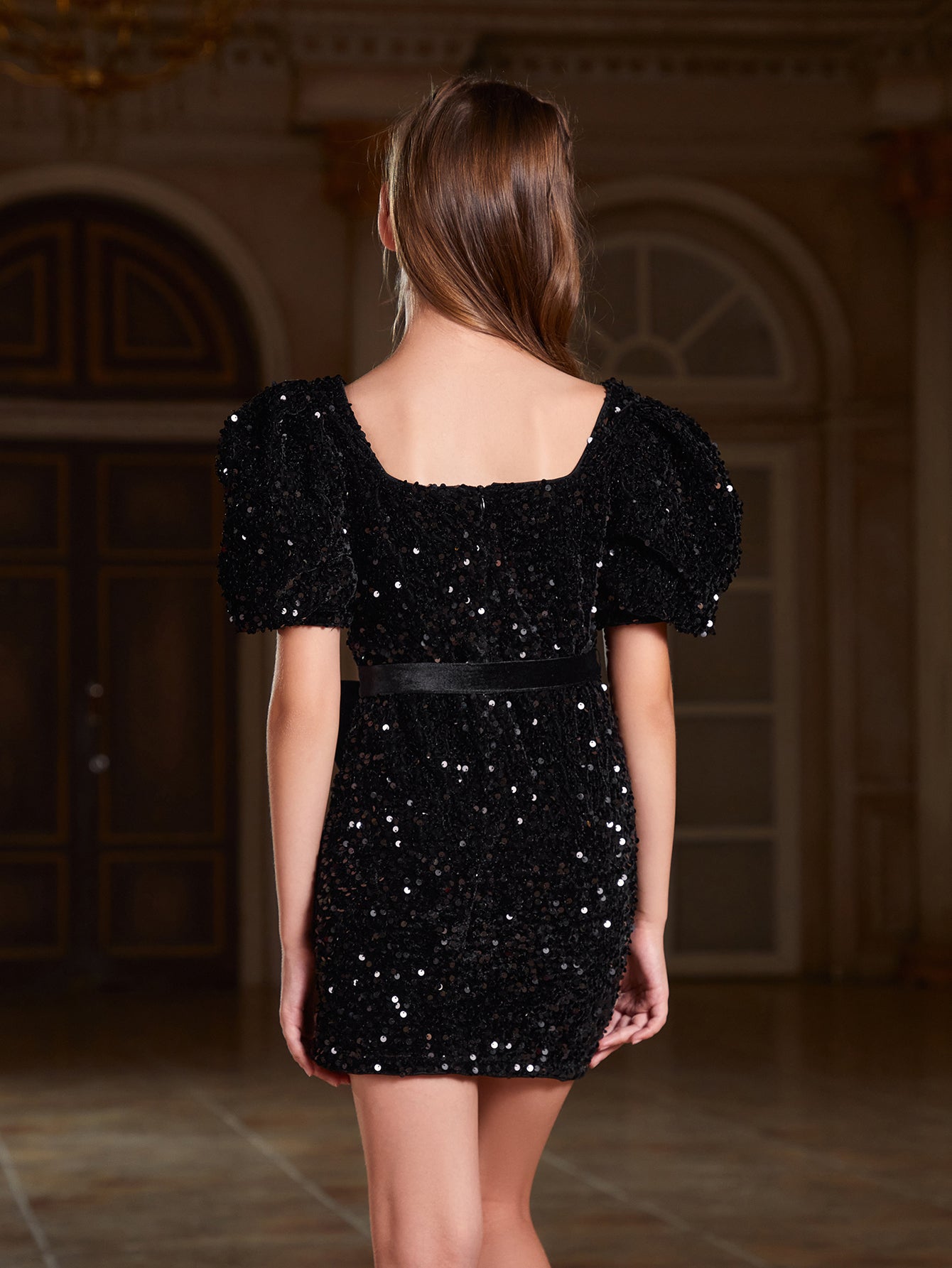 Girl's Square Neck Bow Front Sequin Dress