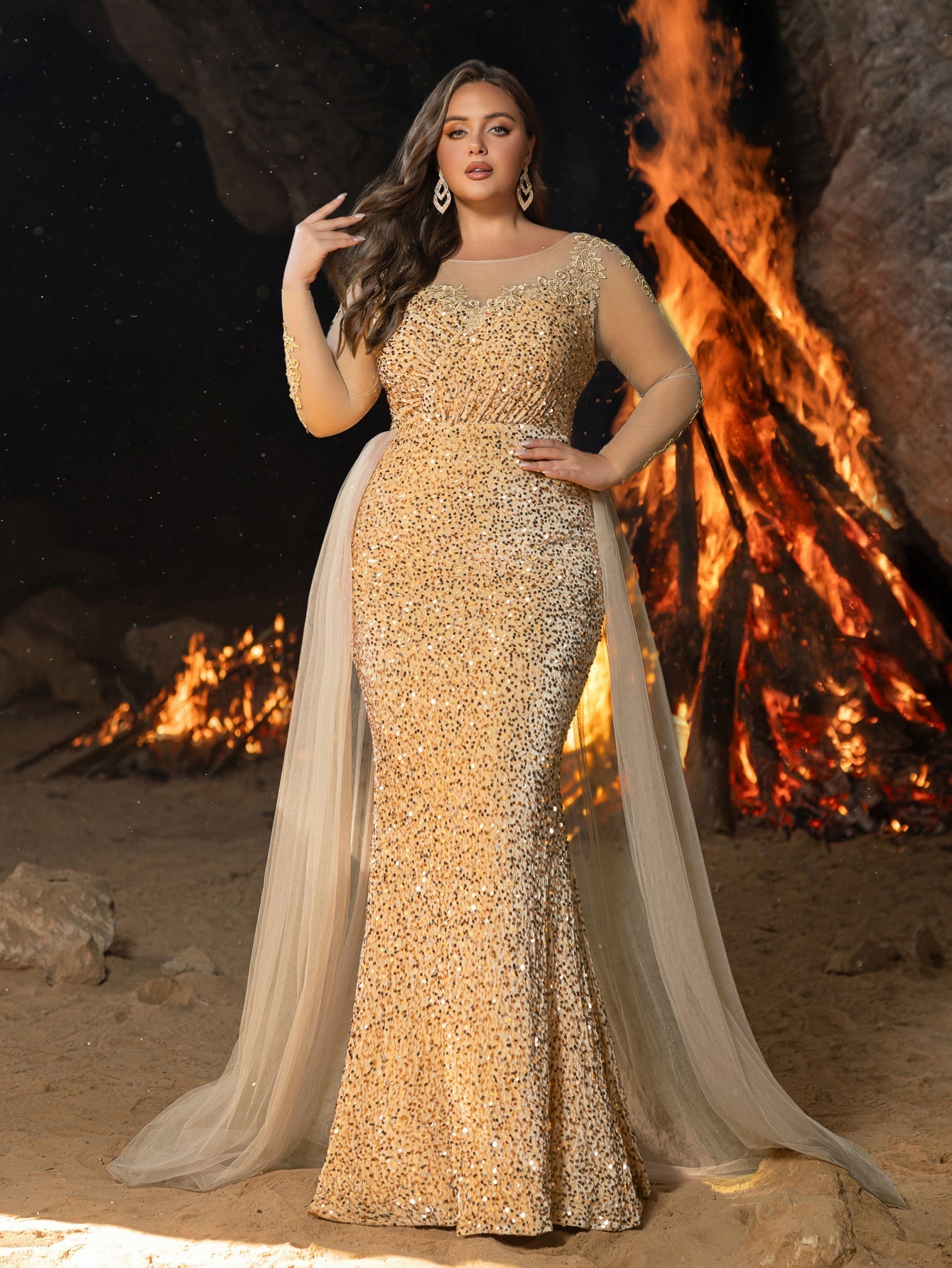 Plus Gorgeous Sequin Mermaid Evening Gown - Illusion Neckline Formal Dress with Long Lace Sleeves & Train