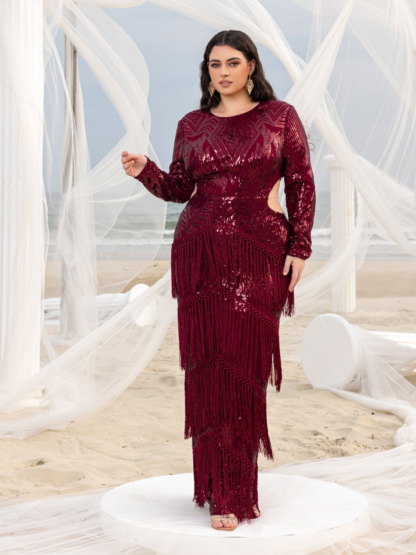 Plus Gorgeous Cut Out Waist Fringed Sequin Party Dress