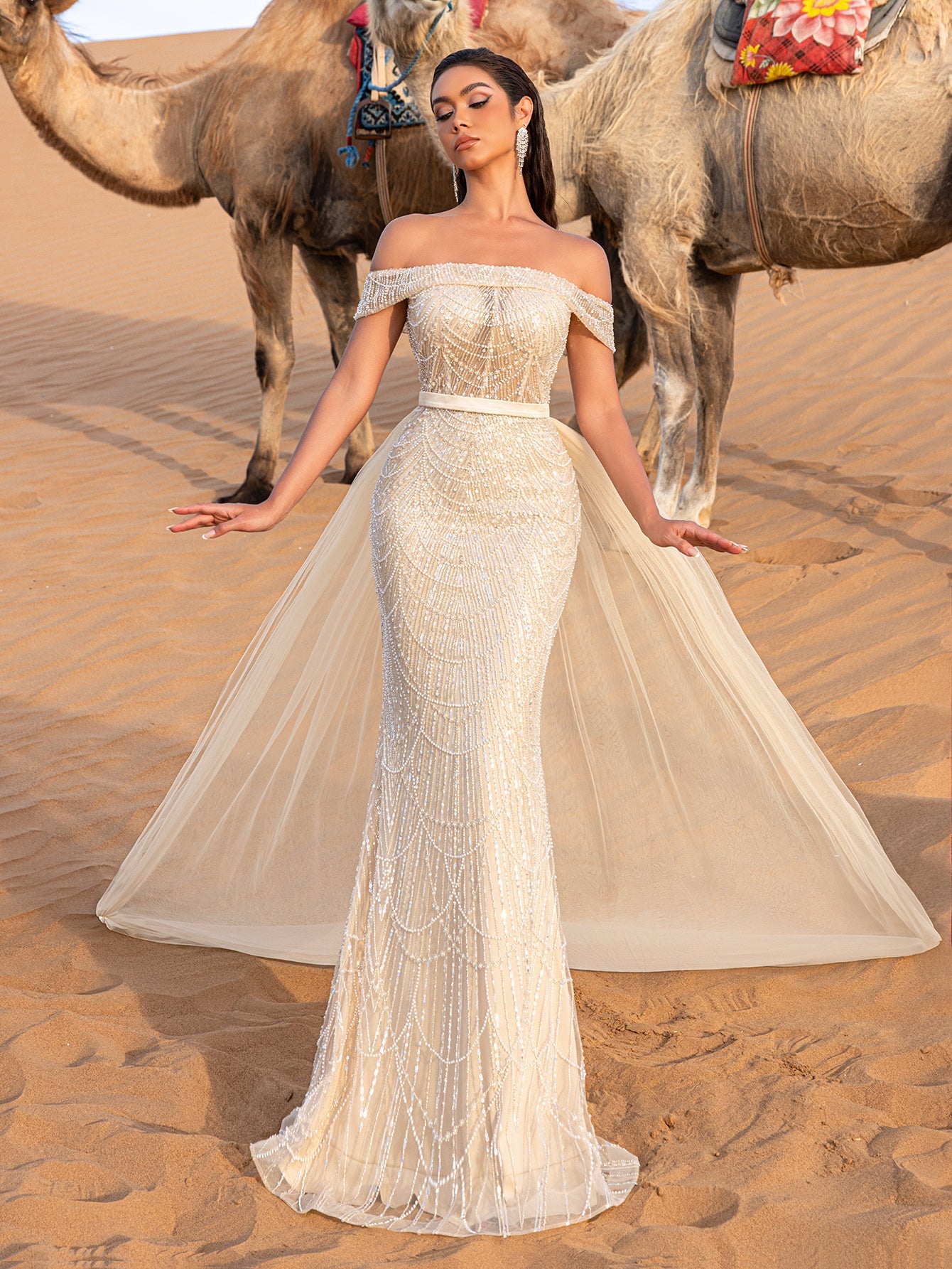 mermaid dress with tulle overlay Luxury Off Shoulder Tulle Overlay Mermaid Hem Beaded Seuqin Evening D Champagne / XS
