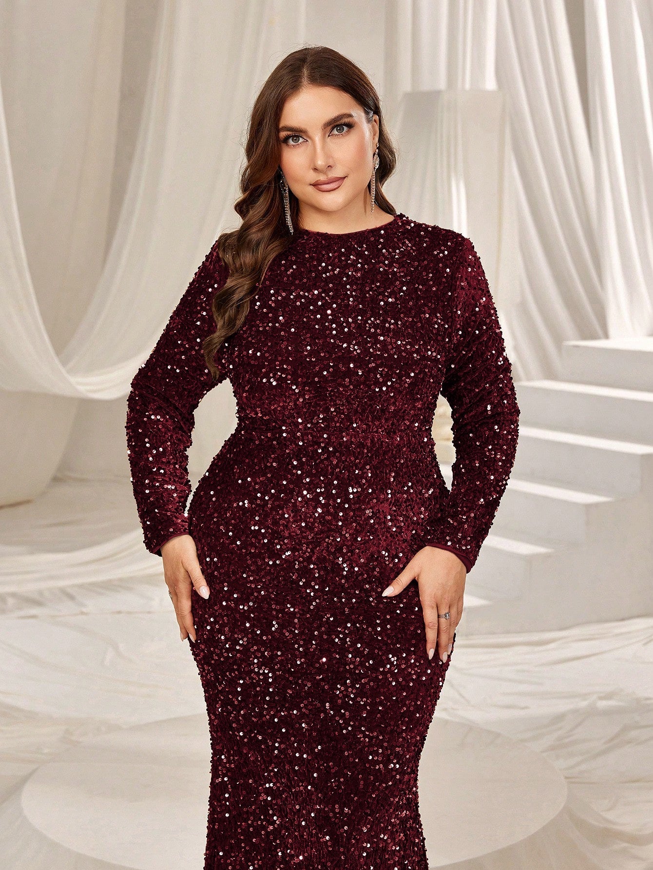 Plus Elegant Maxi Sequin Evening Gown with Mock Neck, Long Sleeves, and Mermaid Fishtail Skirt