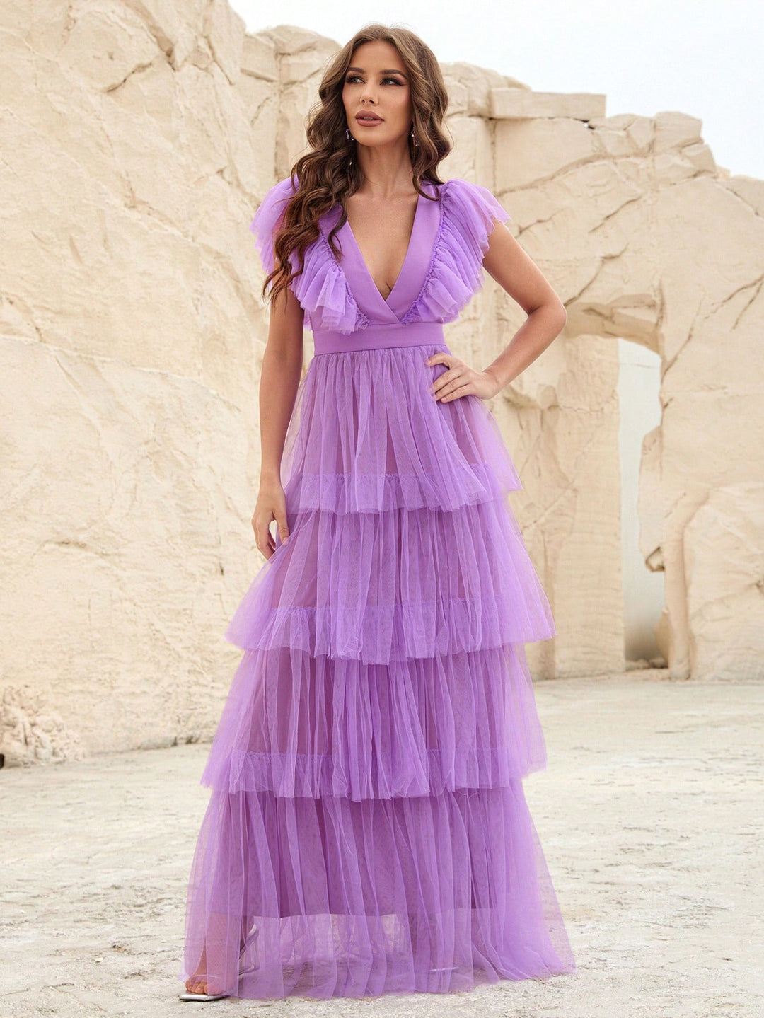 Plunging Neck Backless Ruffle Trim Mesh A Line Dress Purple / XL Plunging Neck Backless Ruffle Trim Mesh A Line Dress Purple / XL