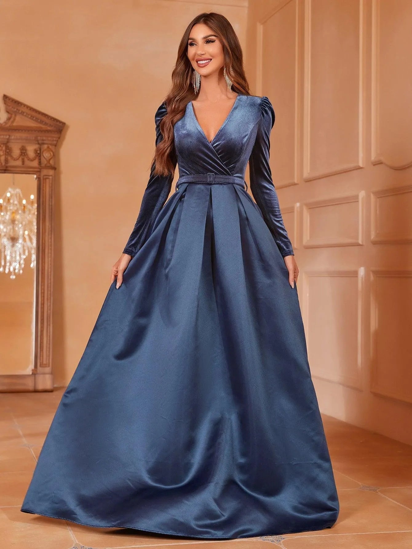 Surplice Neck Long Sleeves Belted Satin A Line Dress Navy blue / XS