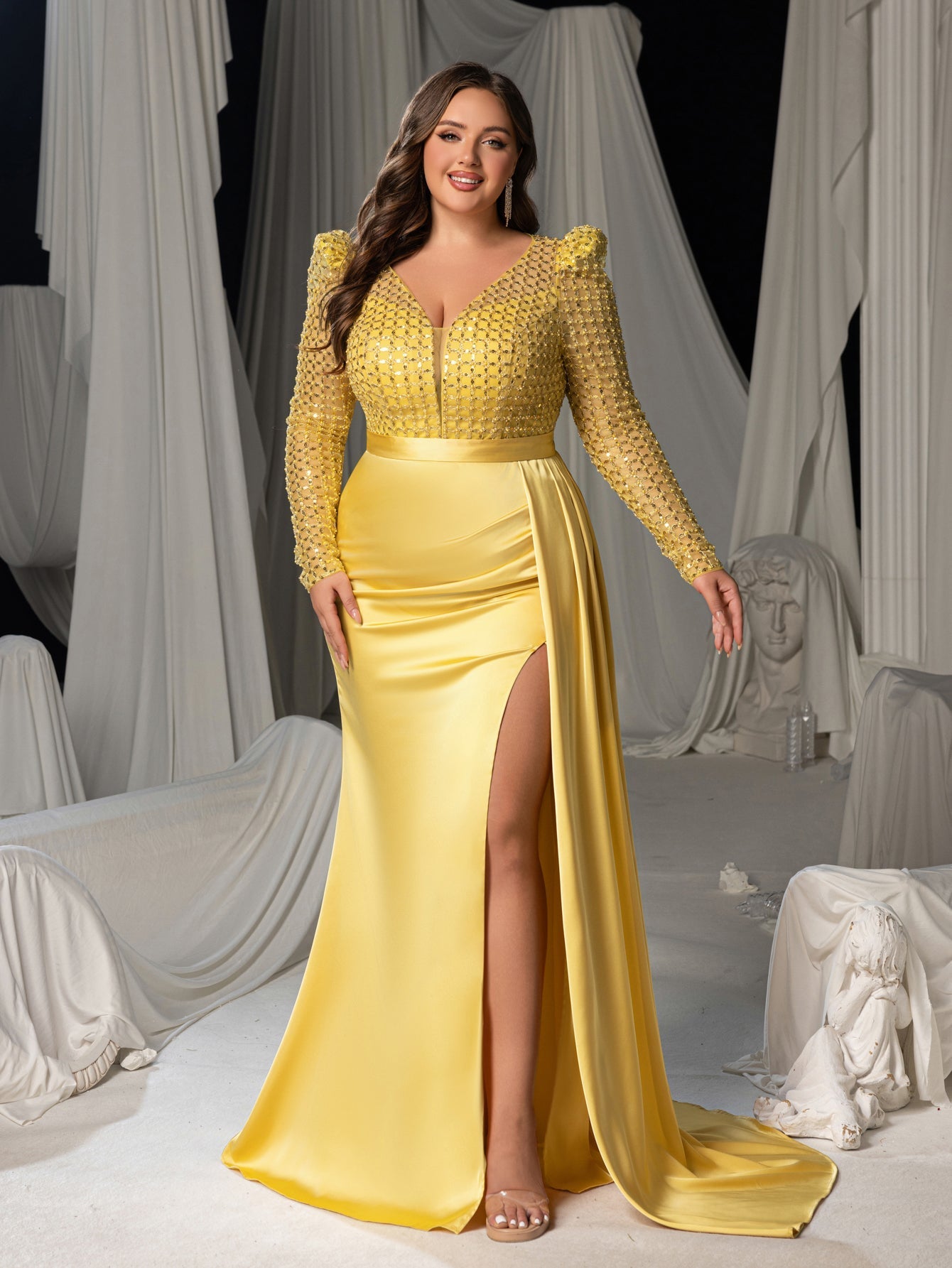 Plus Sequin Long Sleeve V-Neck Formal Dress, Satin Mermaid Train Evening Gown
