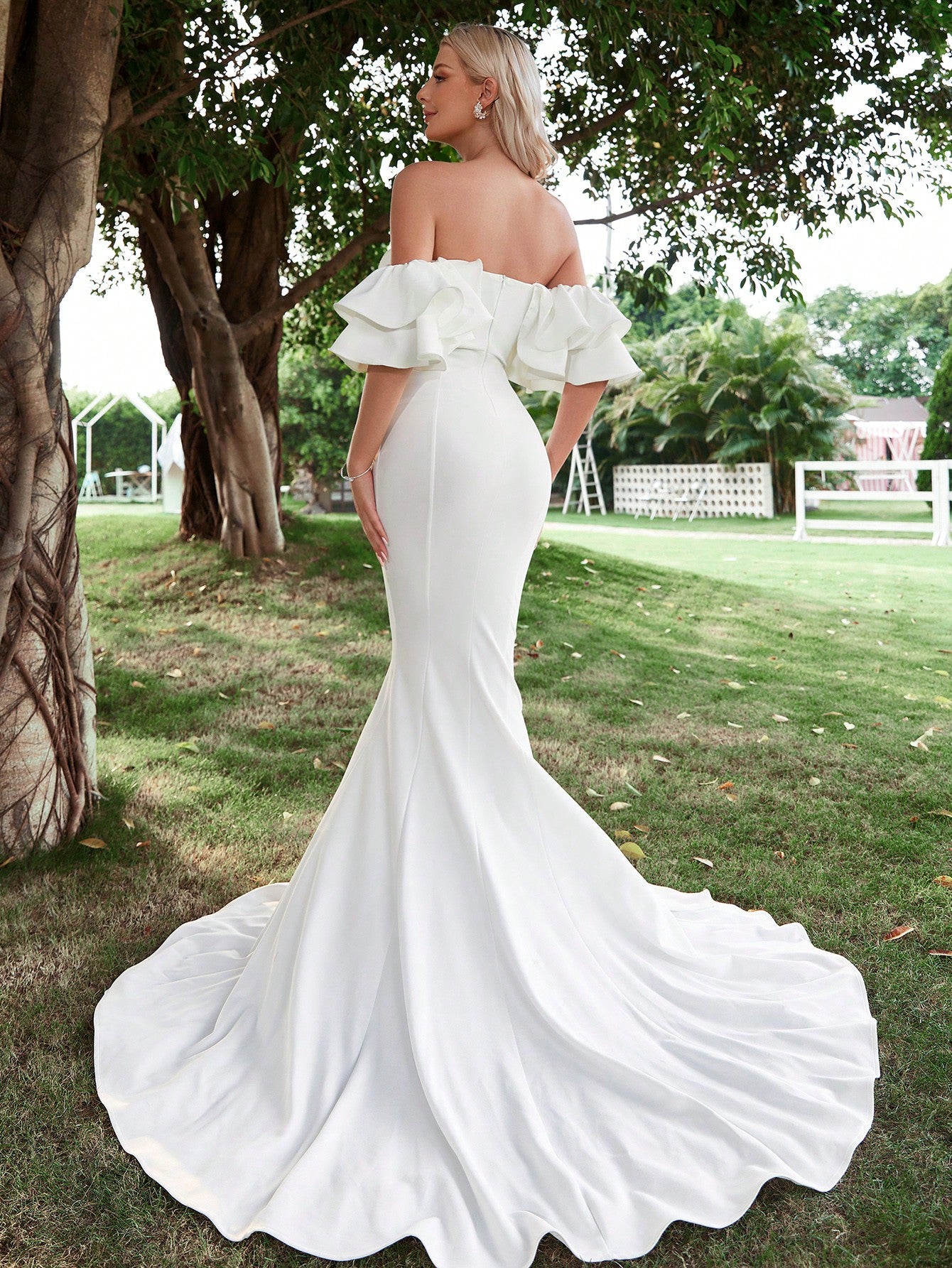 Off Shoulder Ruffle Trim Mermaid Wedding Dress