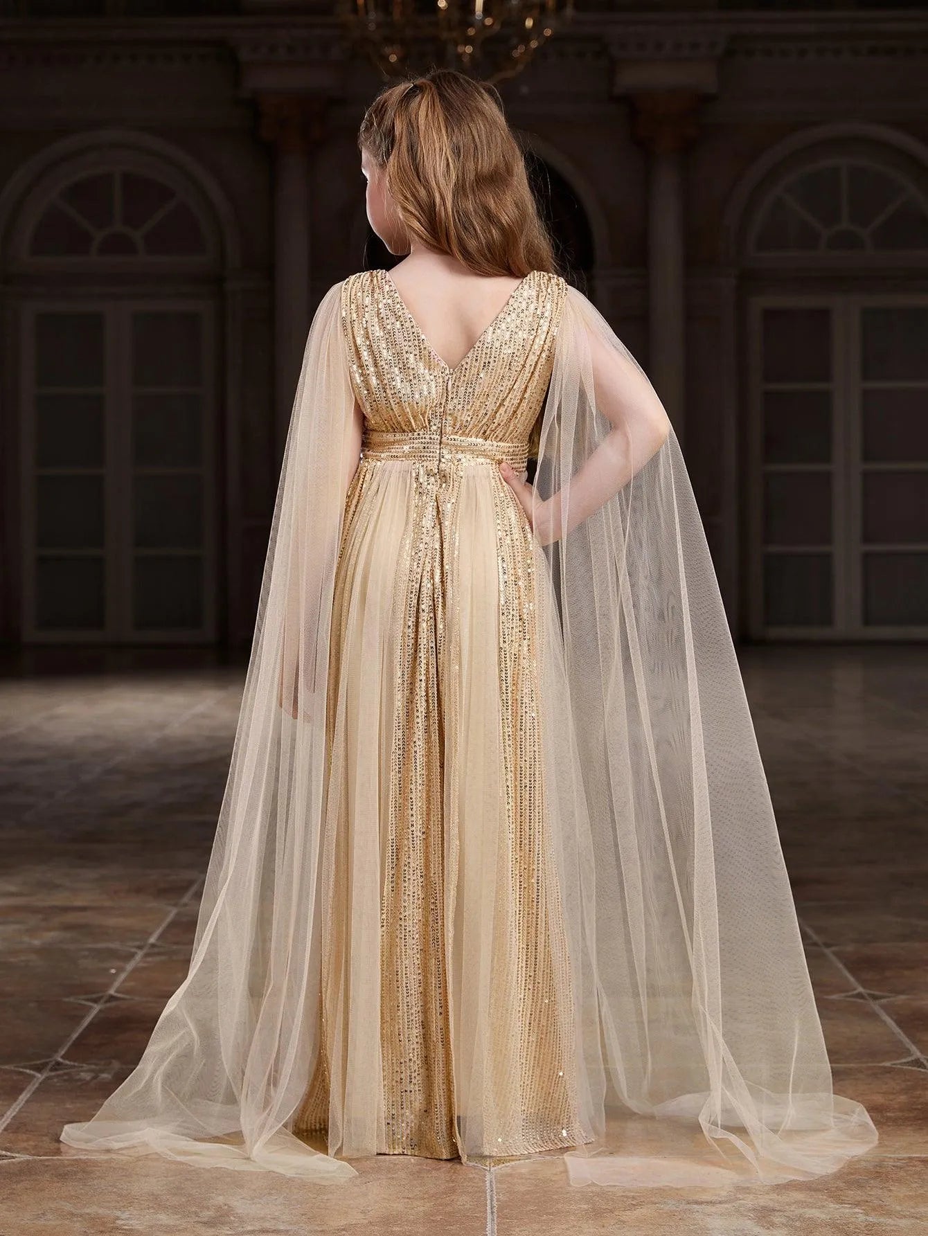 cape sleeve sequin dress Embellished Cape Sleeve A-line Gown by GLS Gloria GL3494 2XL / Sage