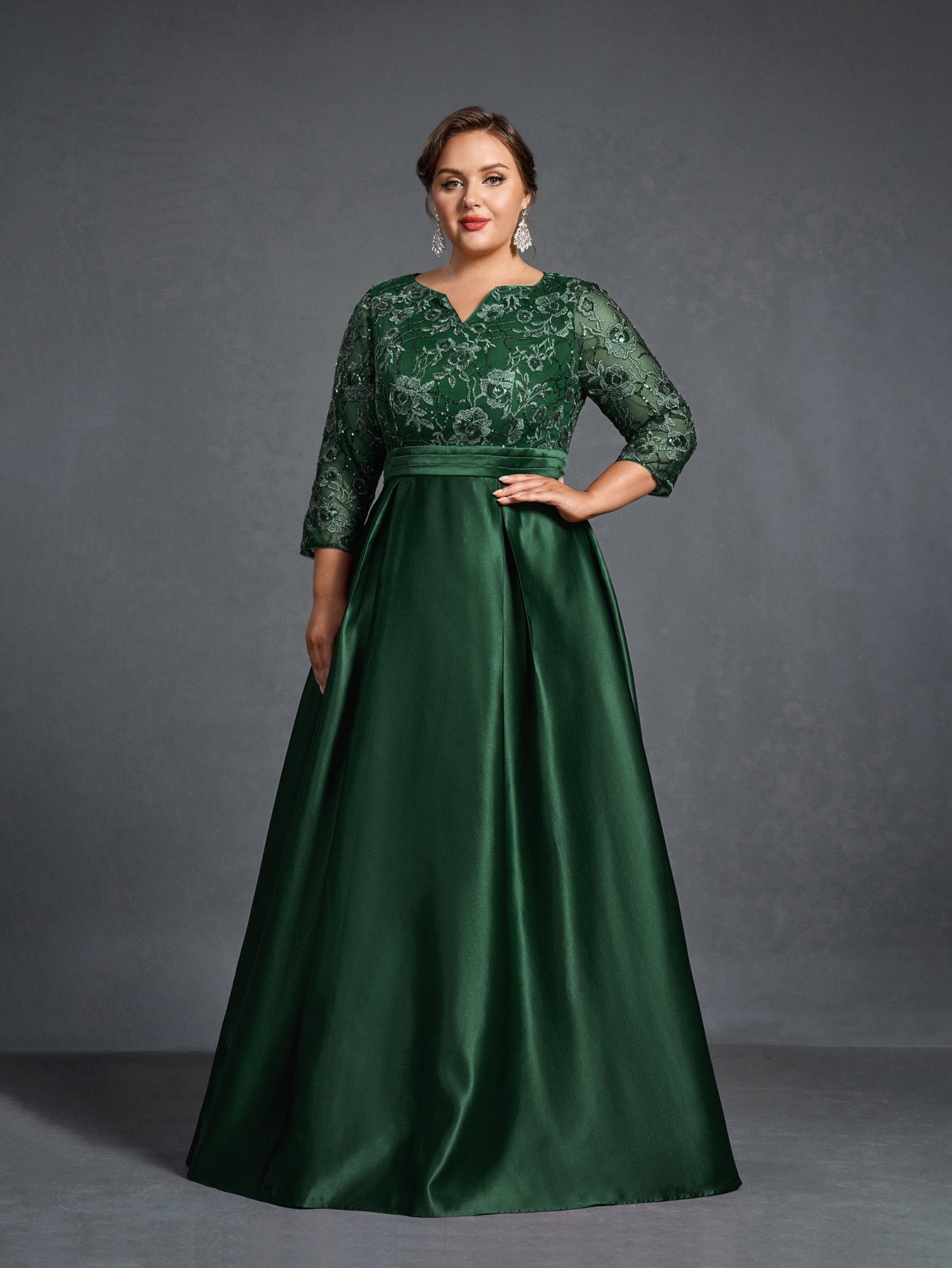 Plus Womens' Evening Gown: Allover Sequin-Embroidered Bodice & Satin A-Line Skirt – Elegant Formal Dress for Black-Tie Events